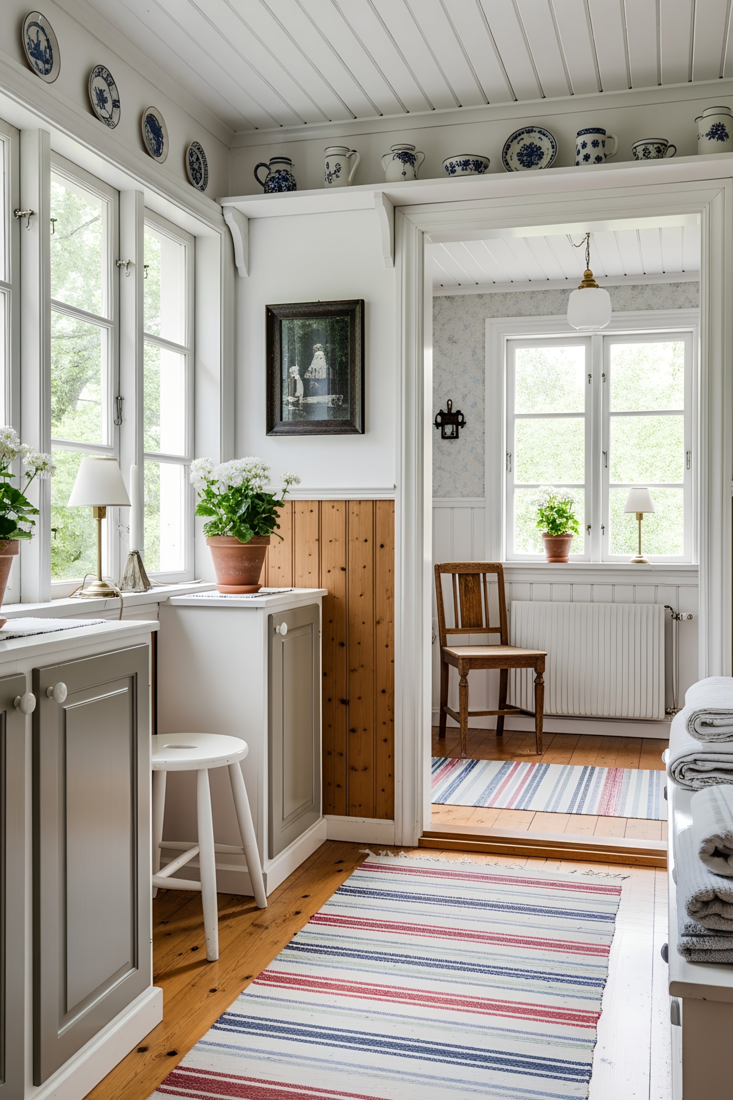 Bright Swedish interior with rustic details and striped rugs