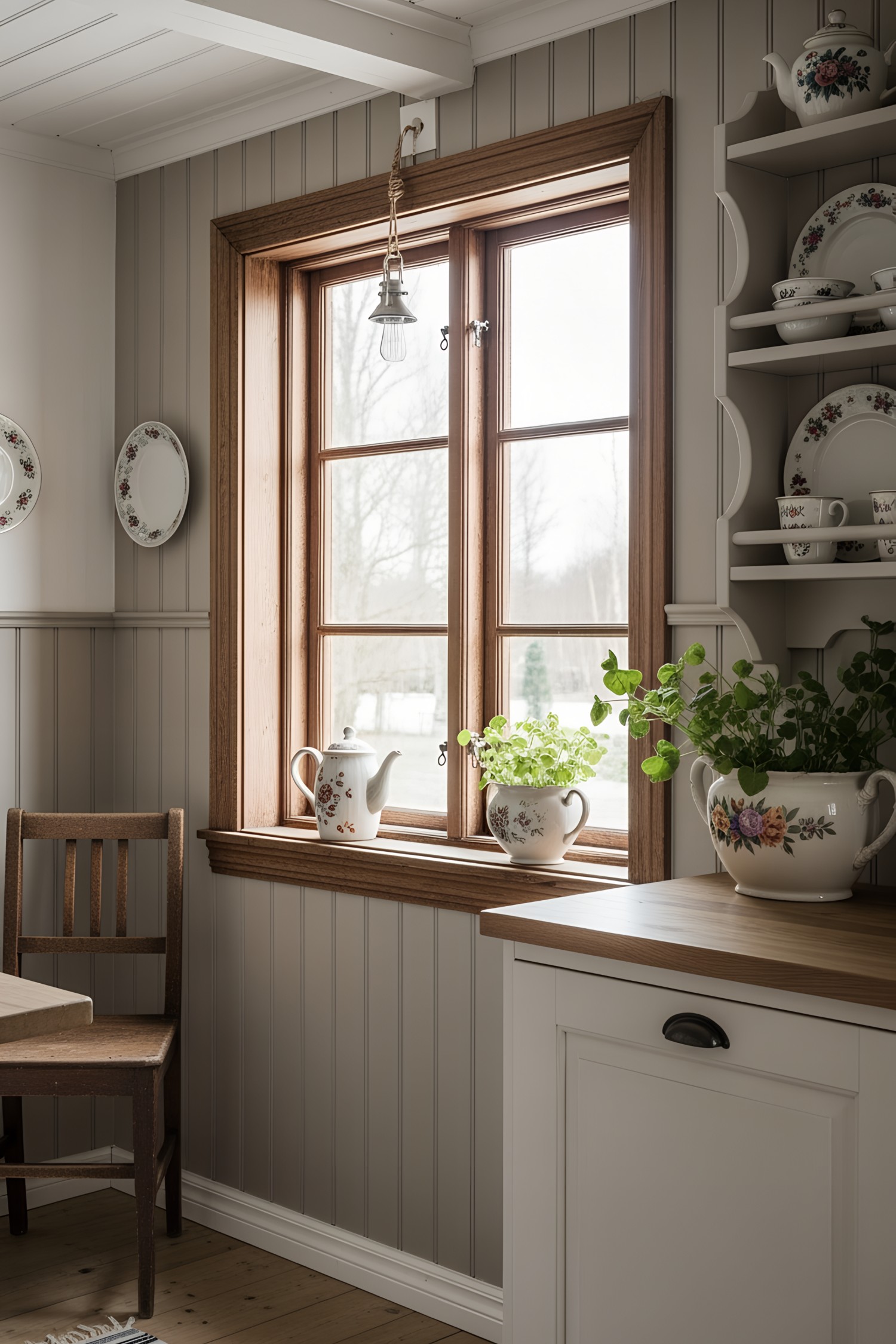Charming kitchen nook with wooden window