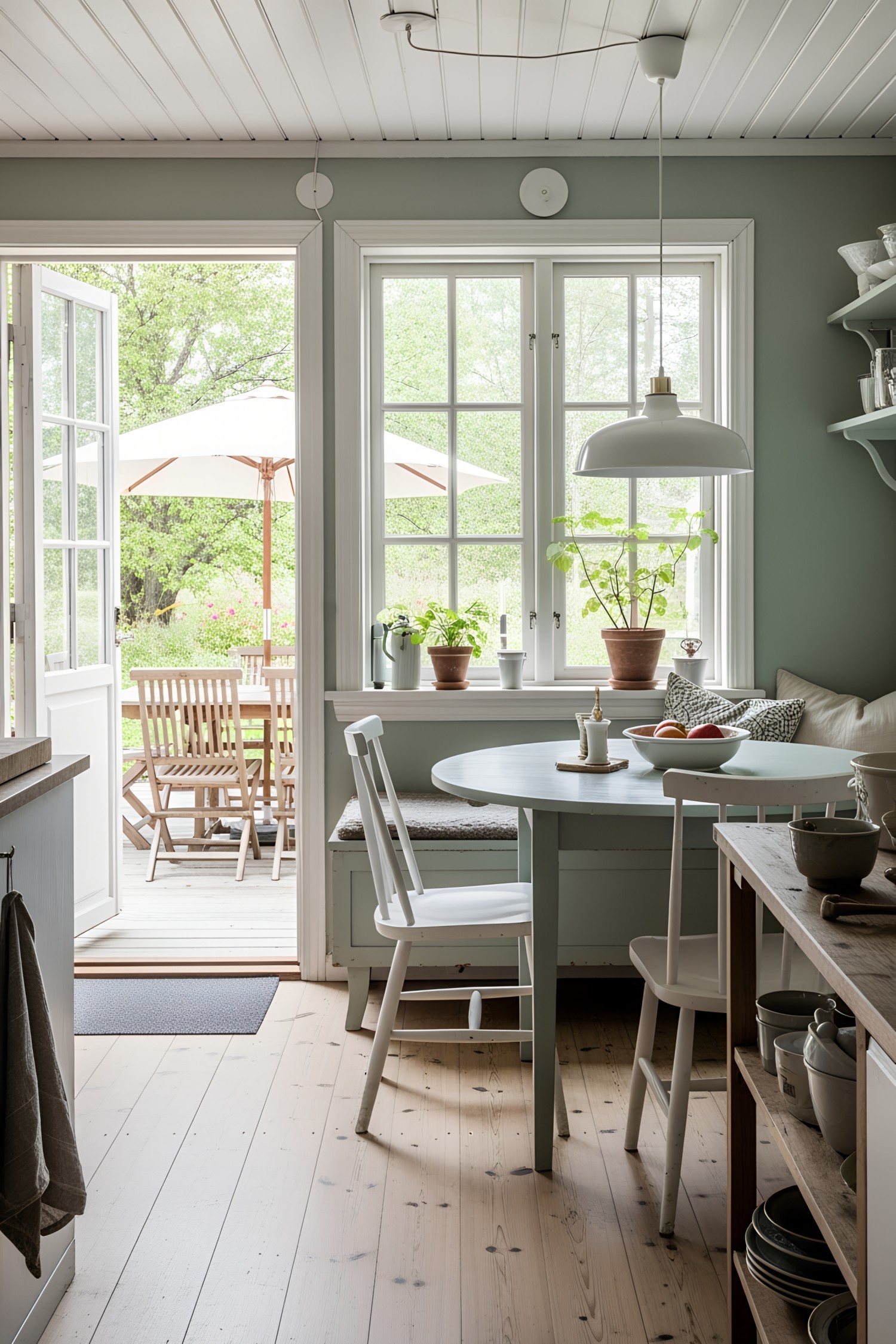 Bright kitchen with a view to a cozy patio