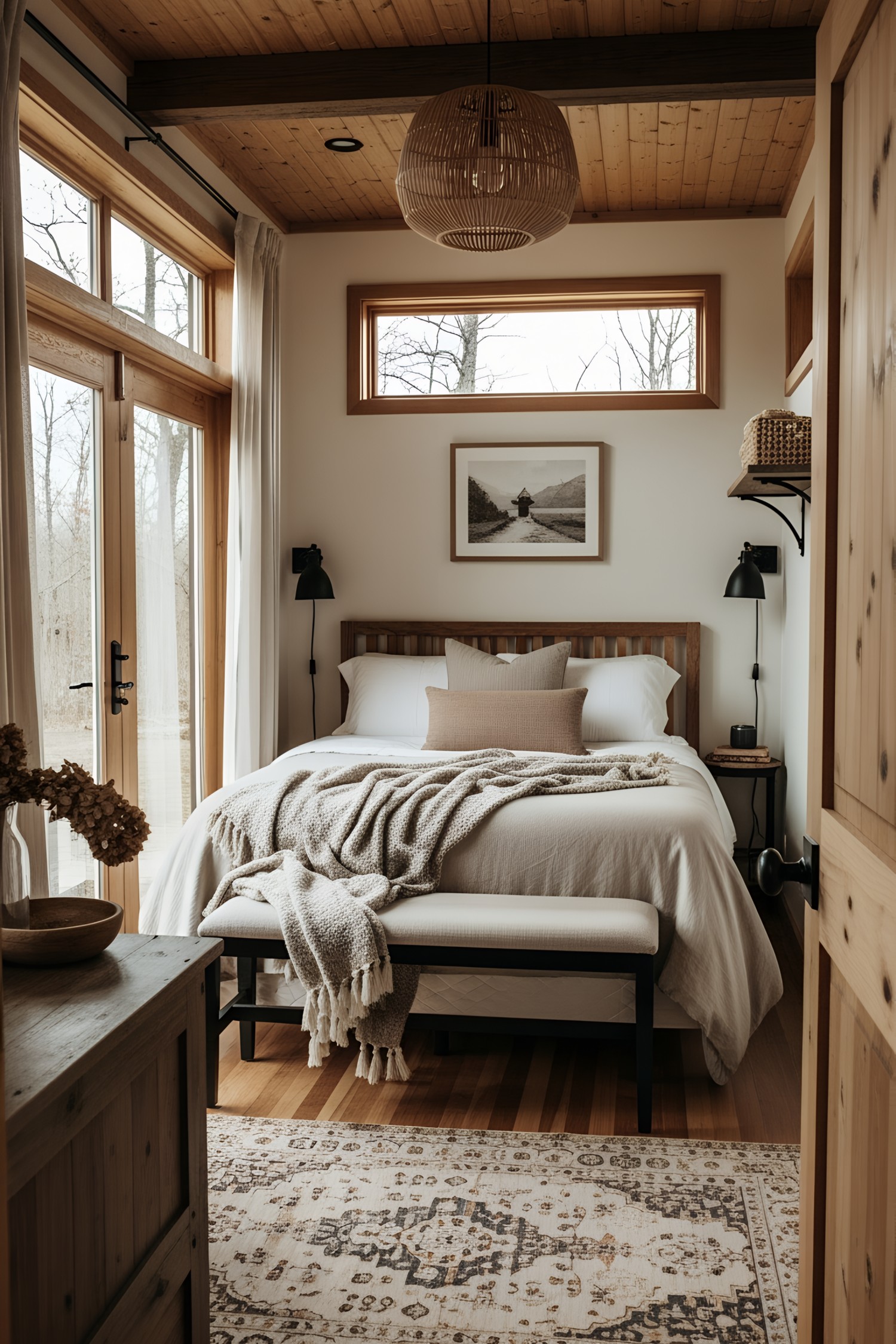 Cozy bedroom with large windows bringing in natural light