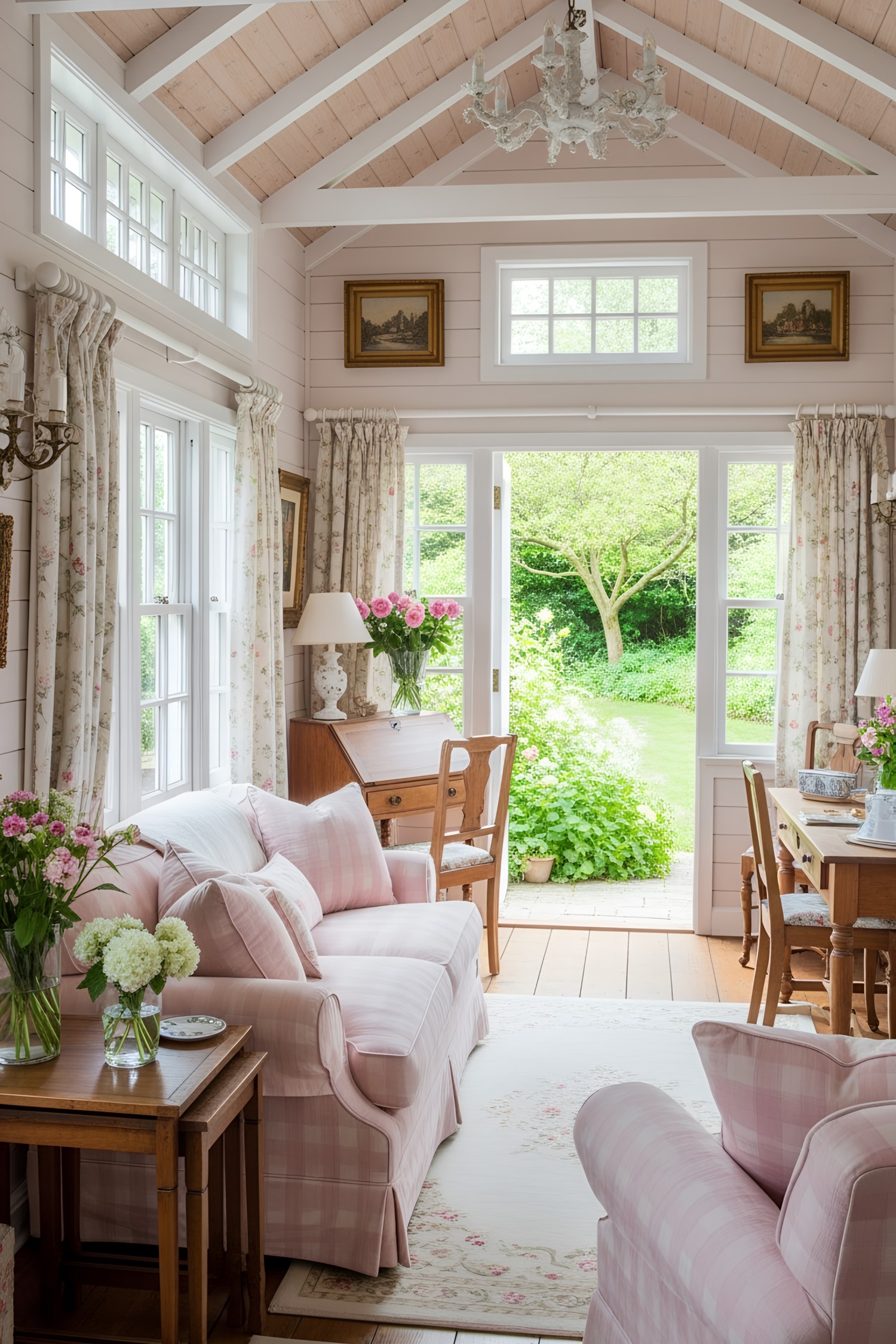 Charming cottage interior with pink checkered furniture and floral curtains