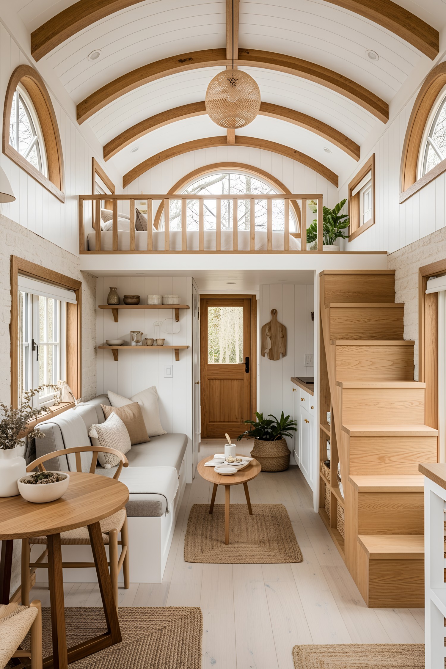Tiny cottage interior with wood accents and cozy furnishings
