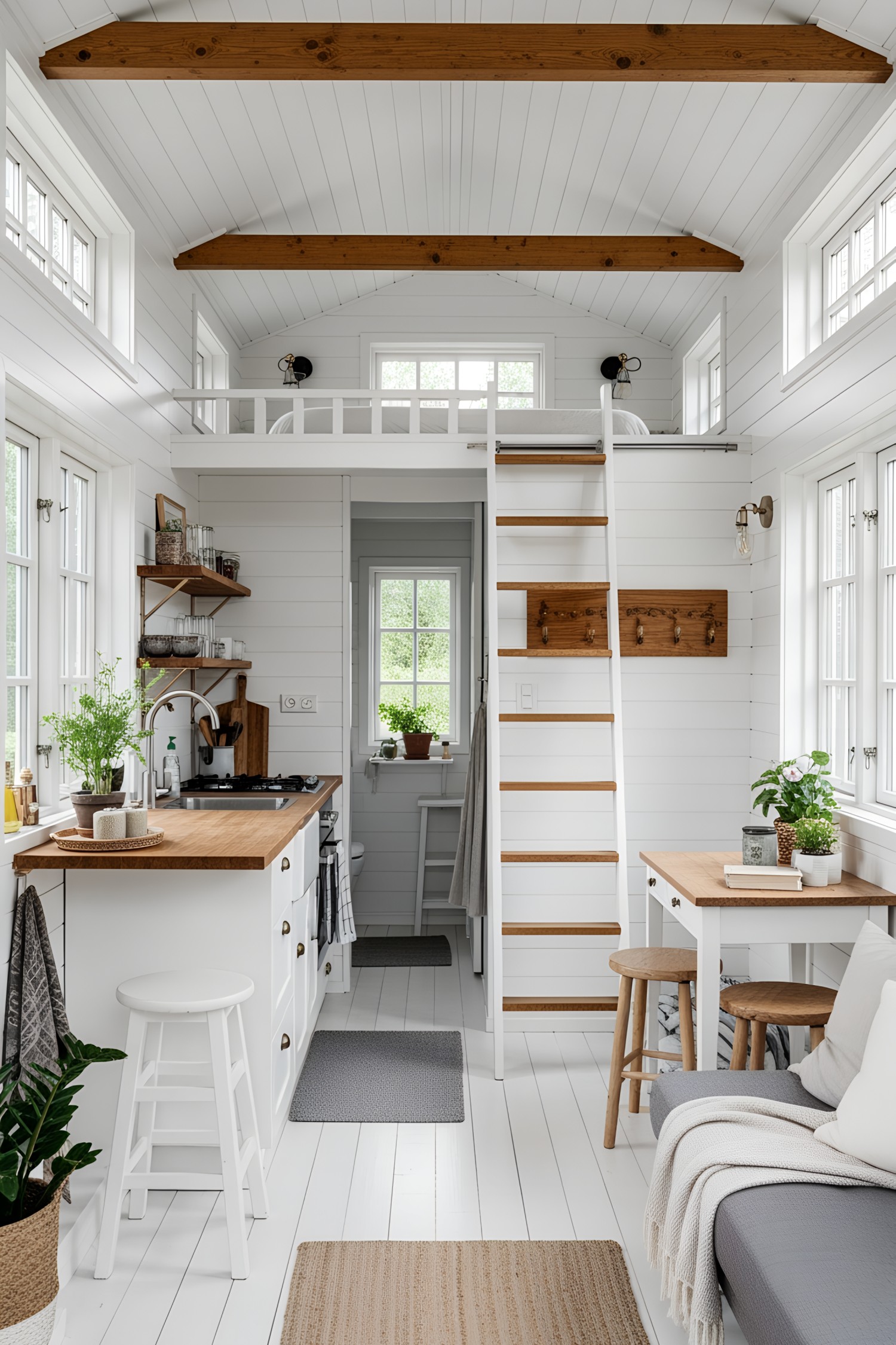Bright and airy tiny cottage interior with wooden accents
