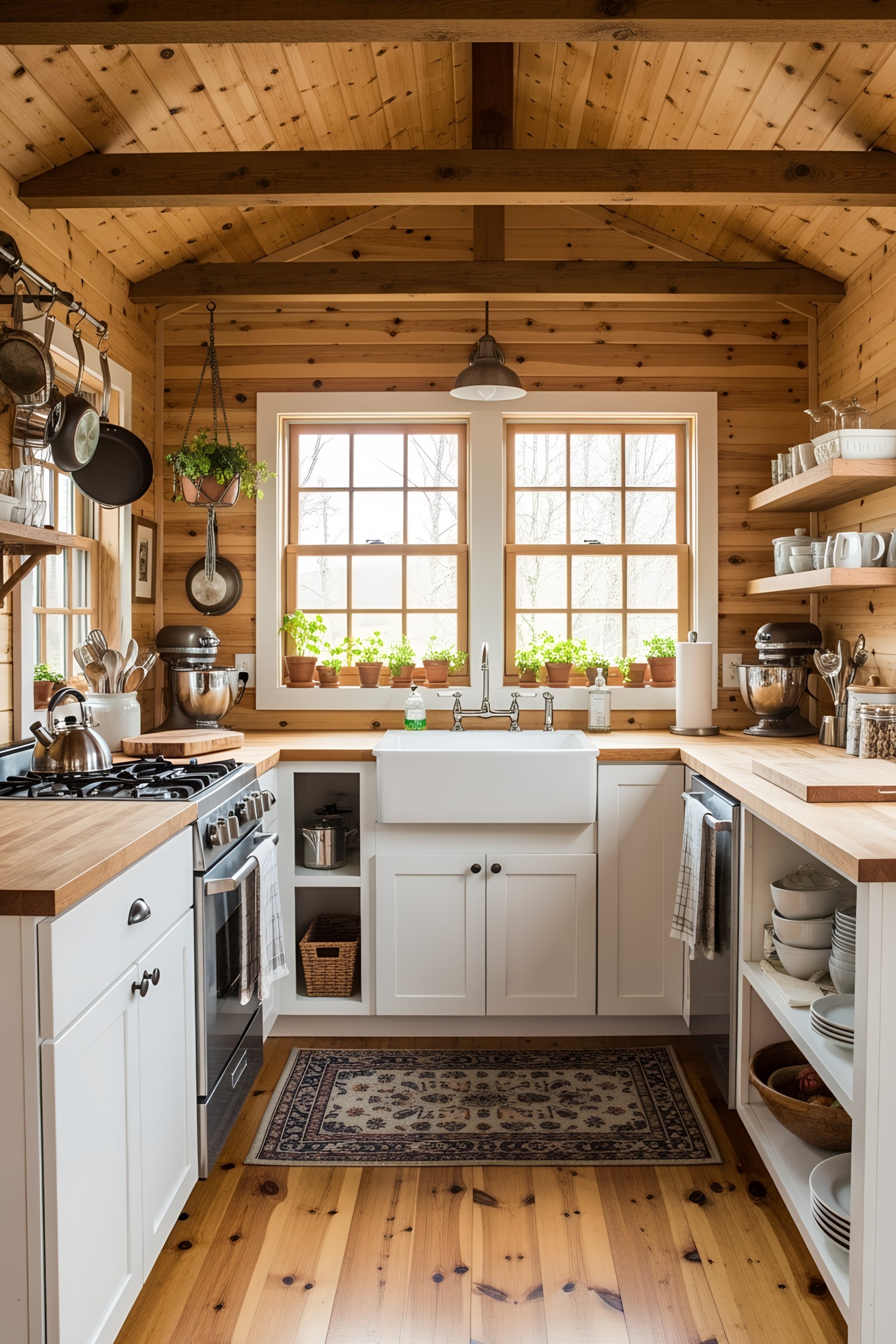Bright kitchen corner with wood paneling and potted plants