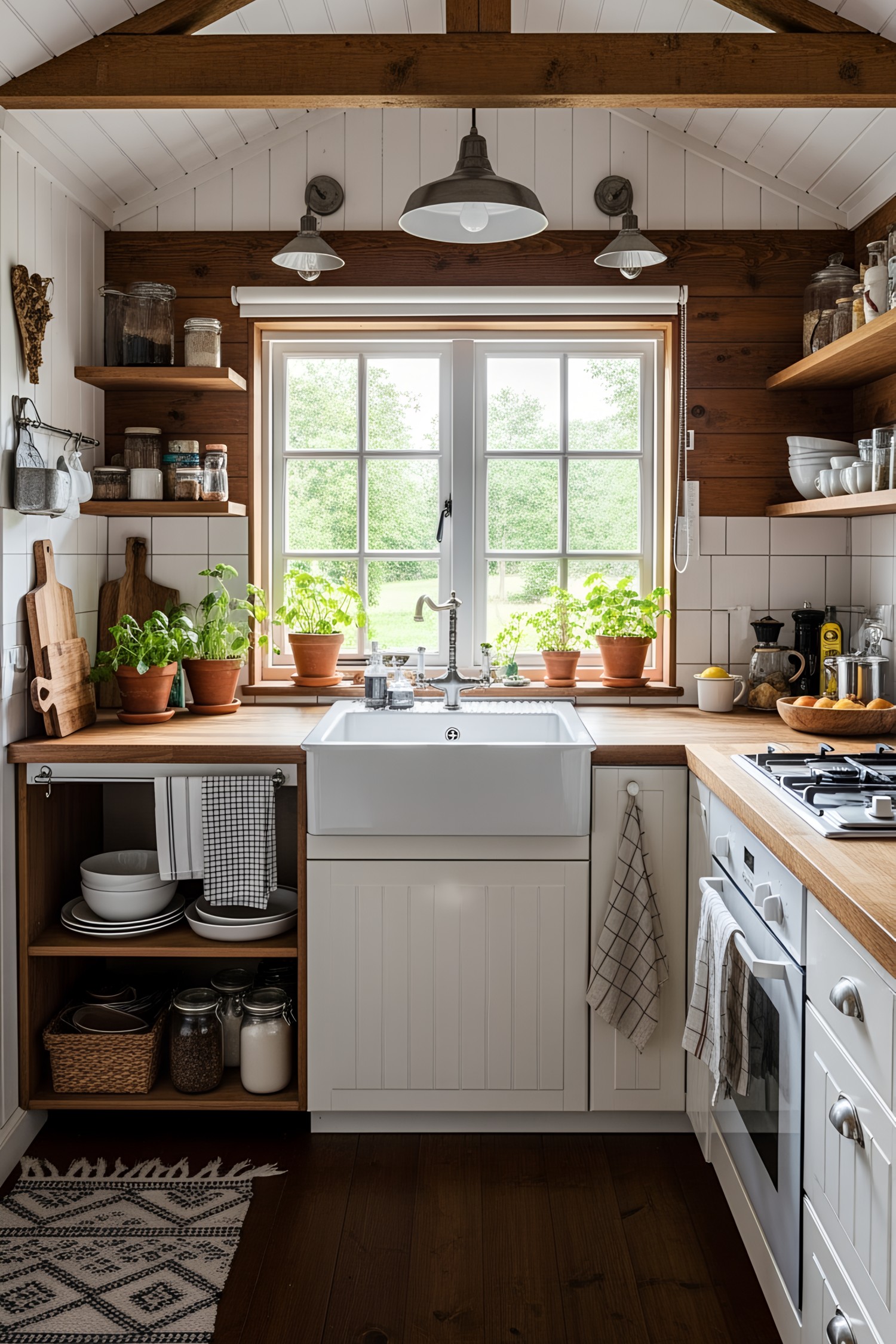 Compact kitchen with wooden accents and potted plants on the windowsill