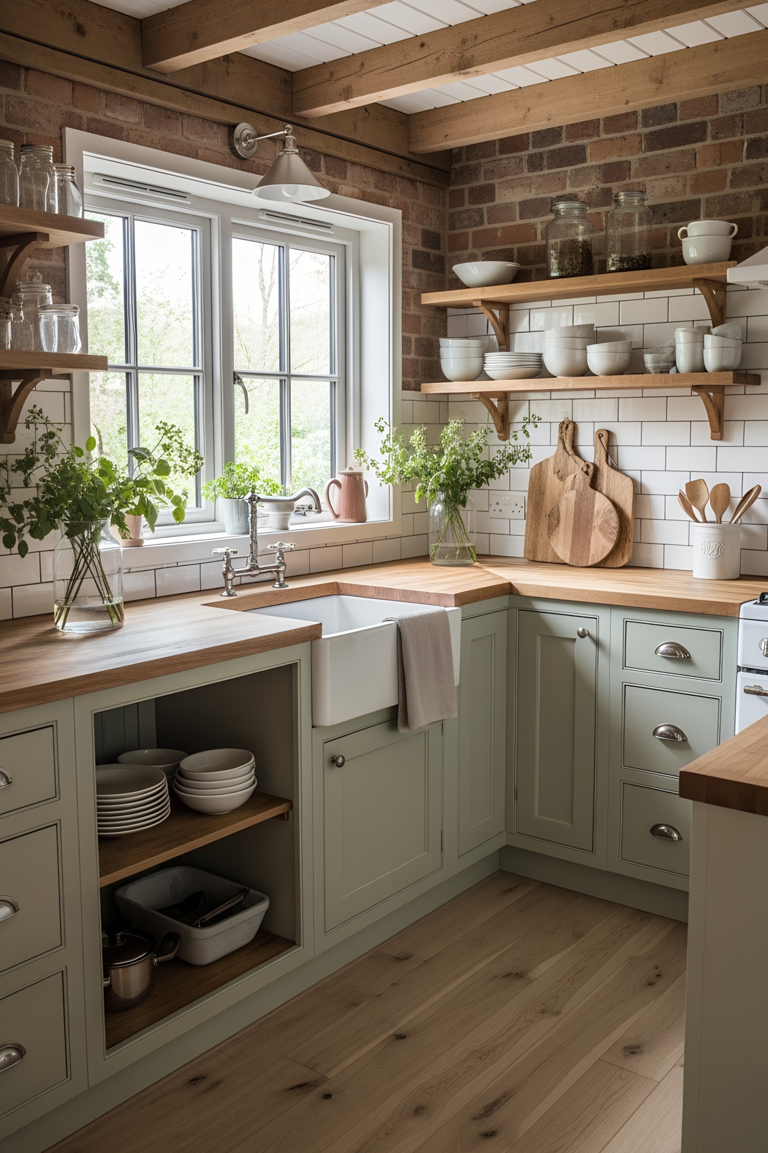 Charming kitchen with rustic shelves and greenery