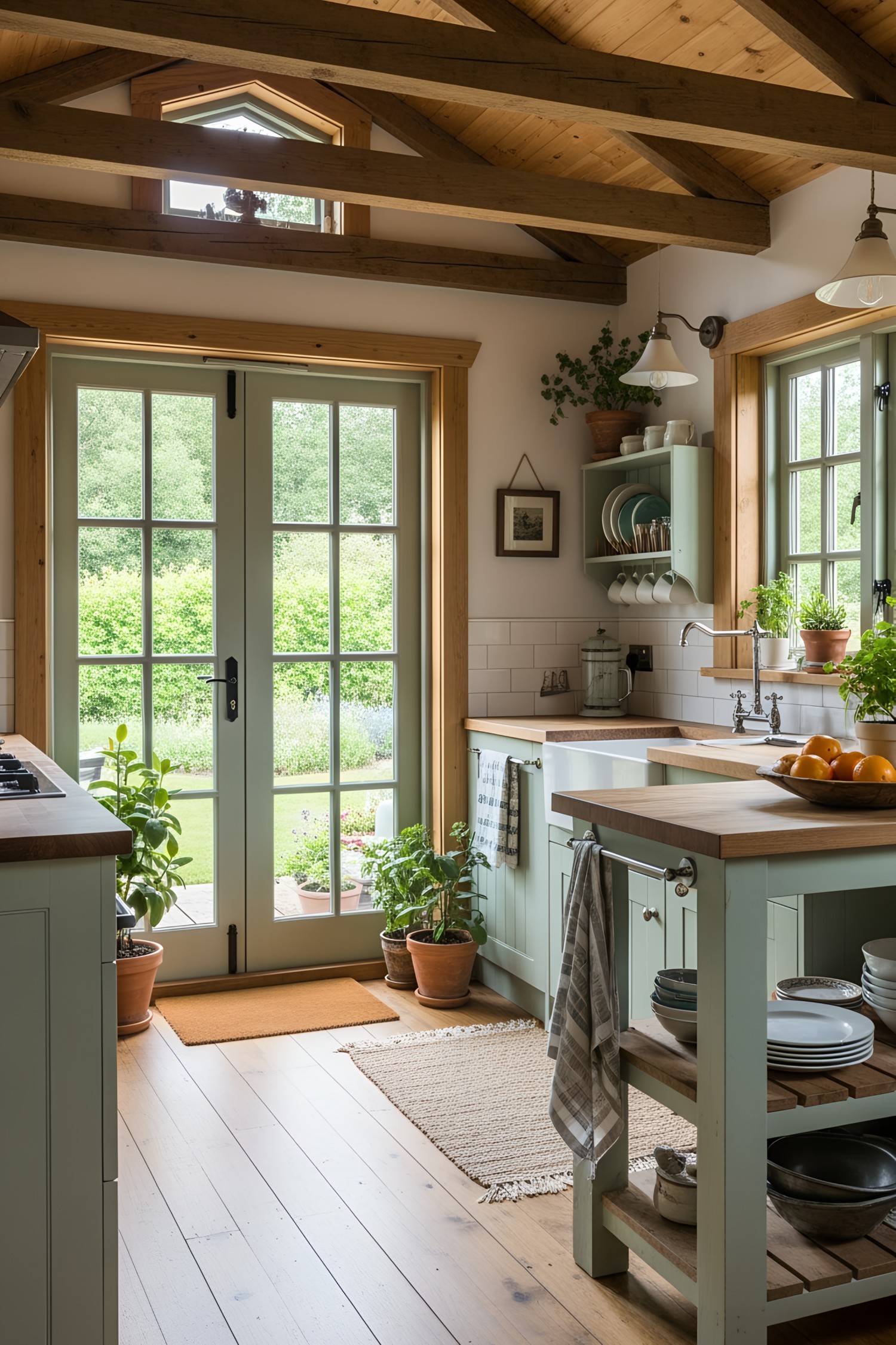 Cozy kitchen with green cabinets and wooden beams