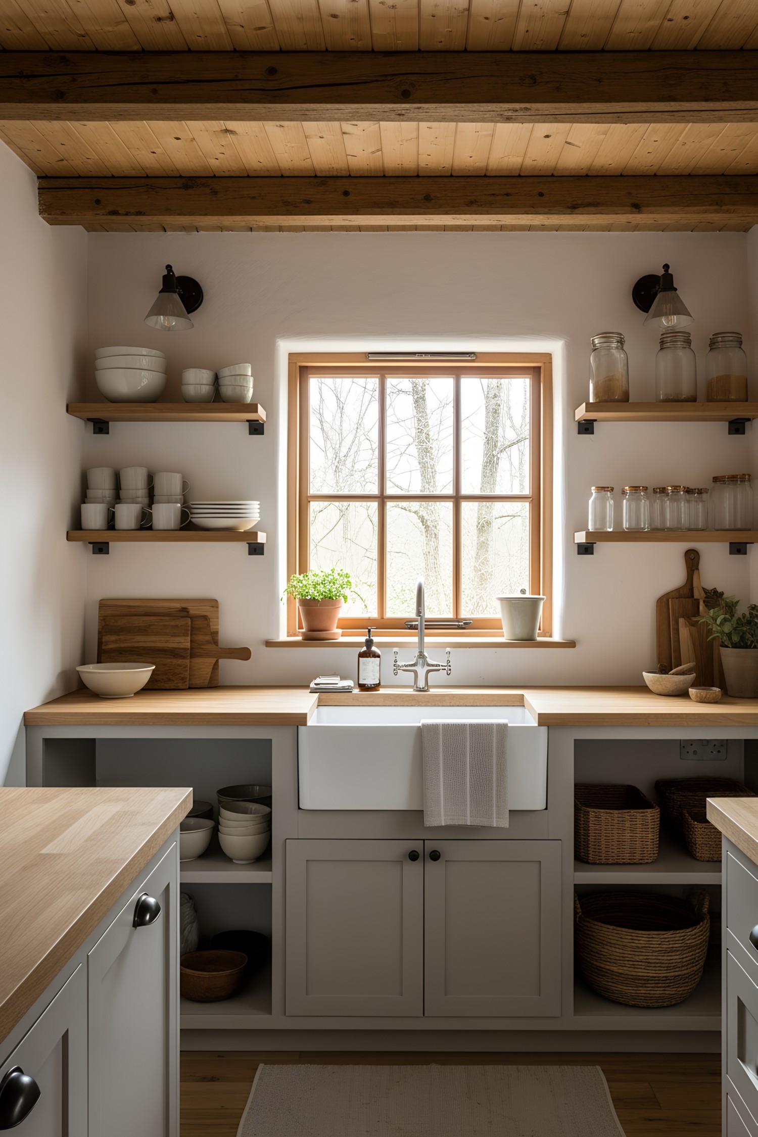 Bright kitchen with wooden shelves and window