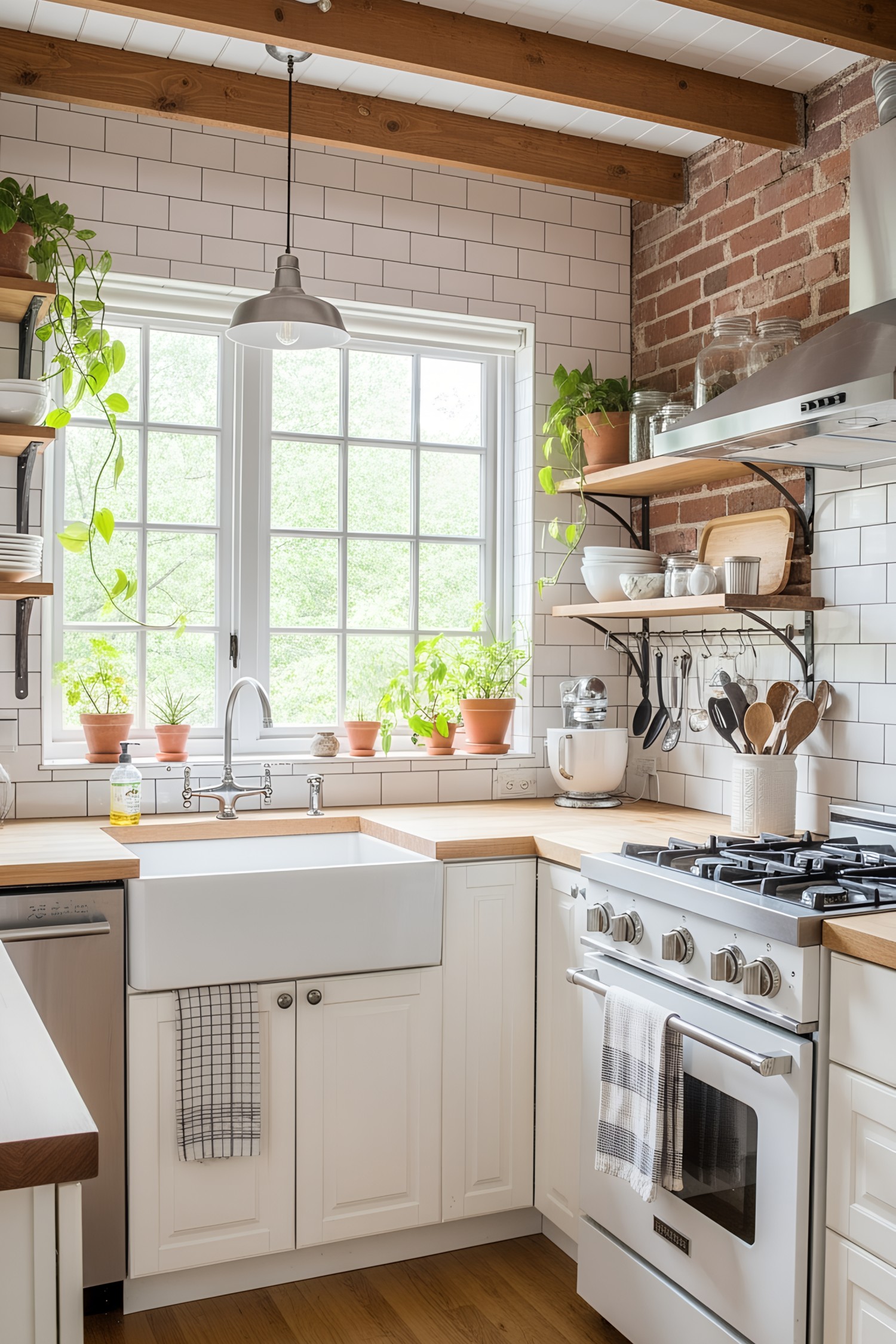 A cozy kitchen nook with brick and subway tiles