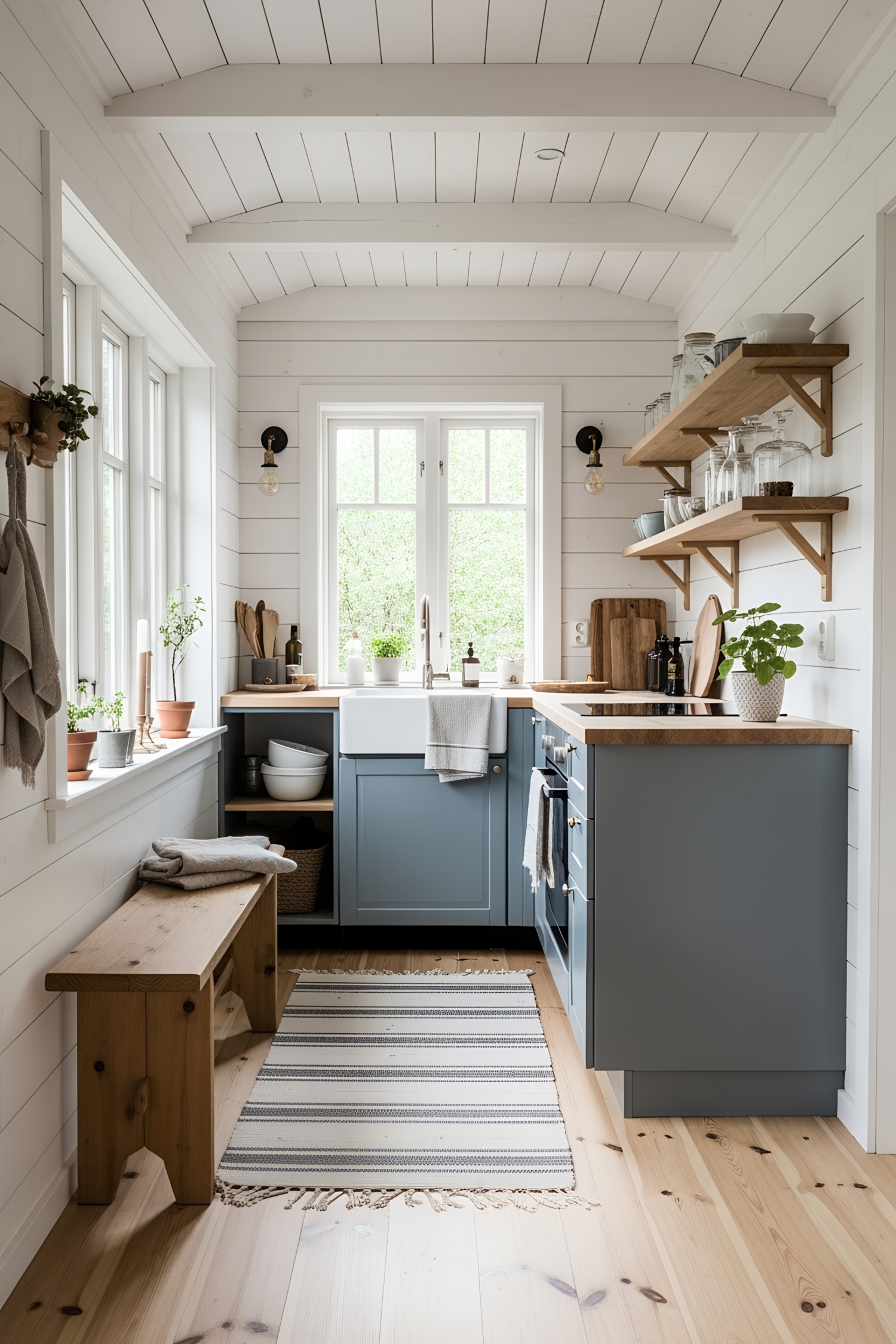 Compact kitchen design with blue cabinets and wooden accents