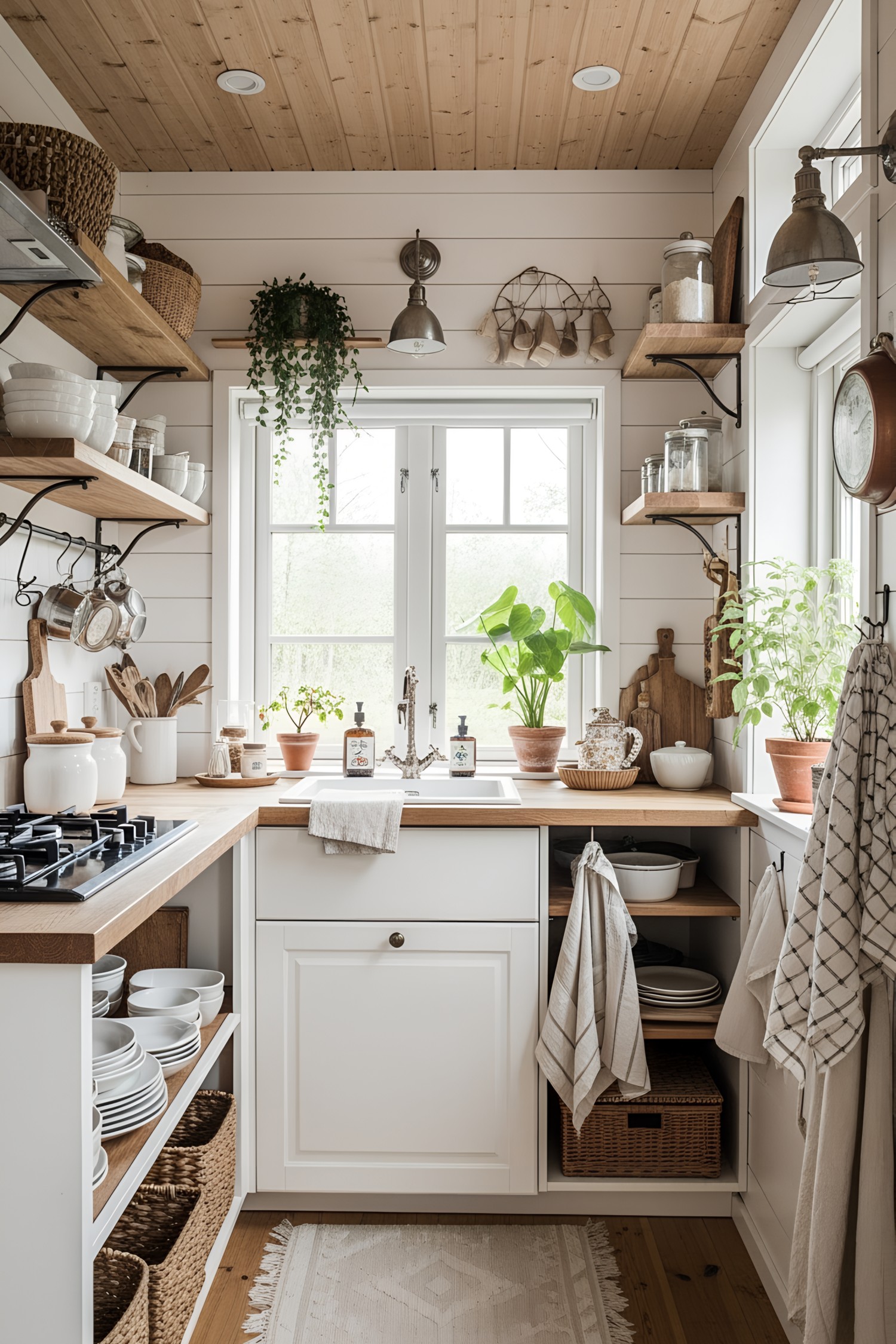 Tiny cottage kitchen with plants and wooden shelves