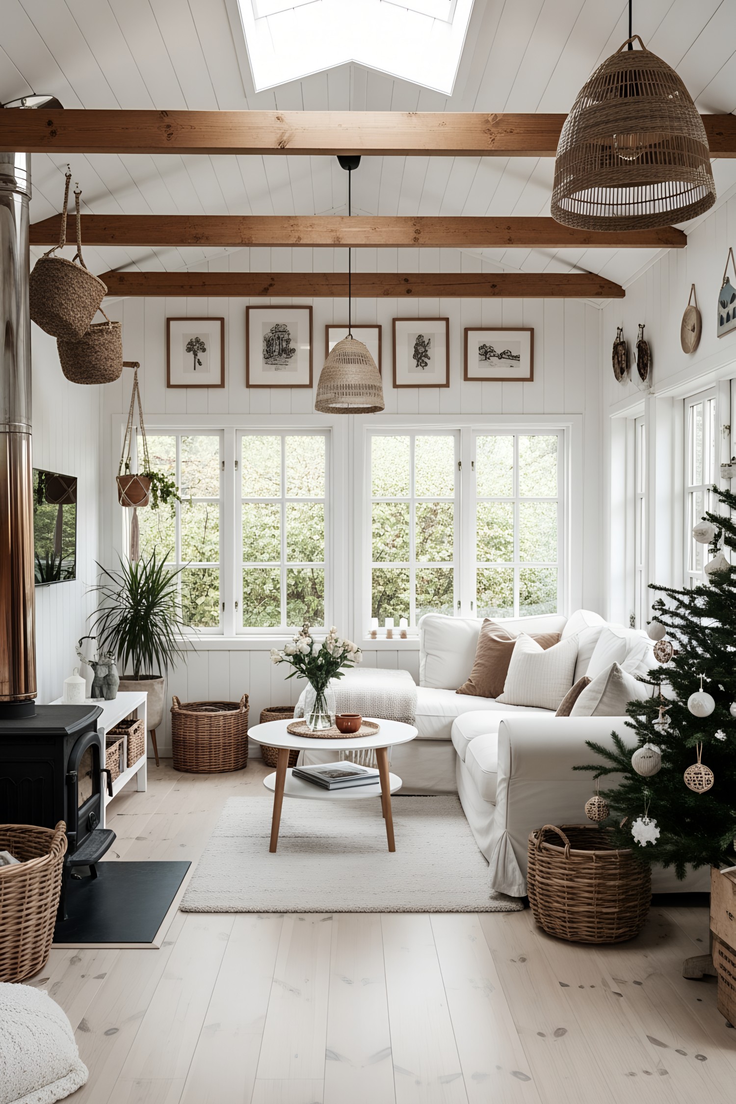 Bright, cozy living room with wooden beams and wicker accents