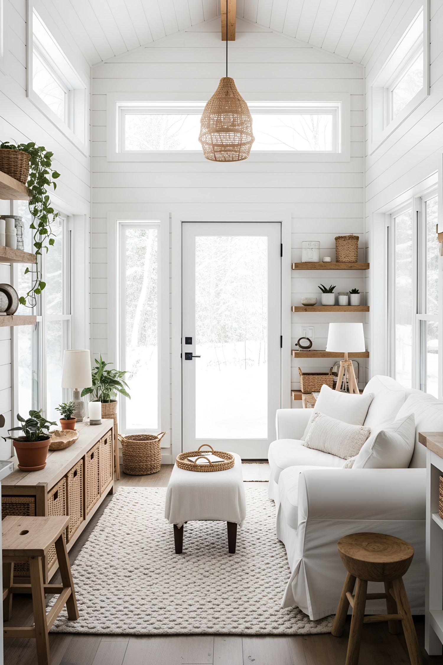 Bright and cozy tiny cottage interior with white and wooden accents