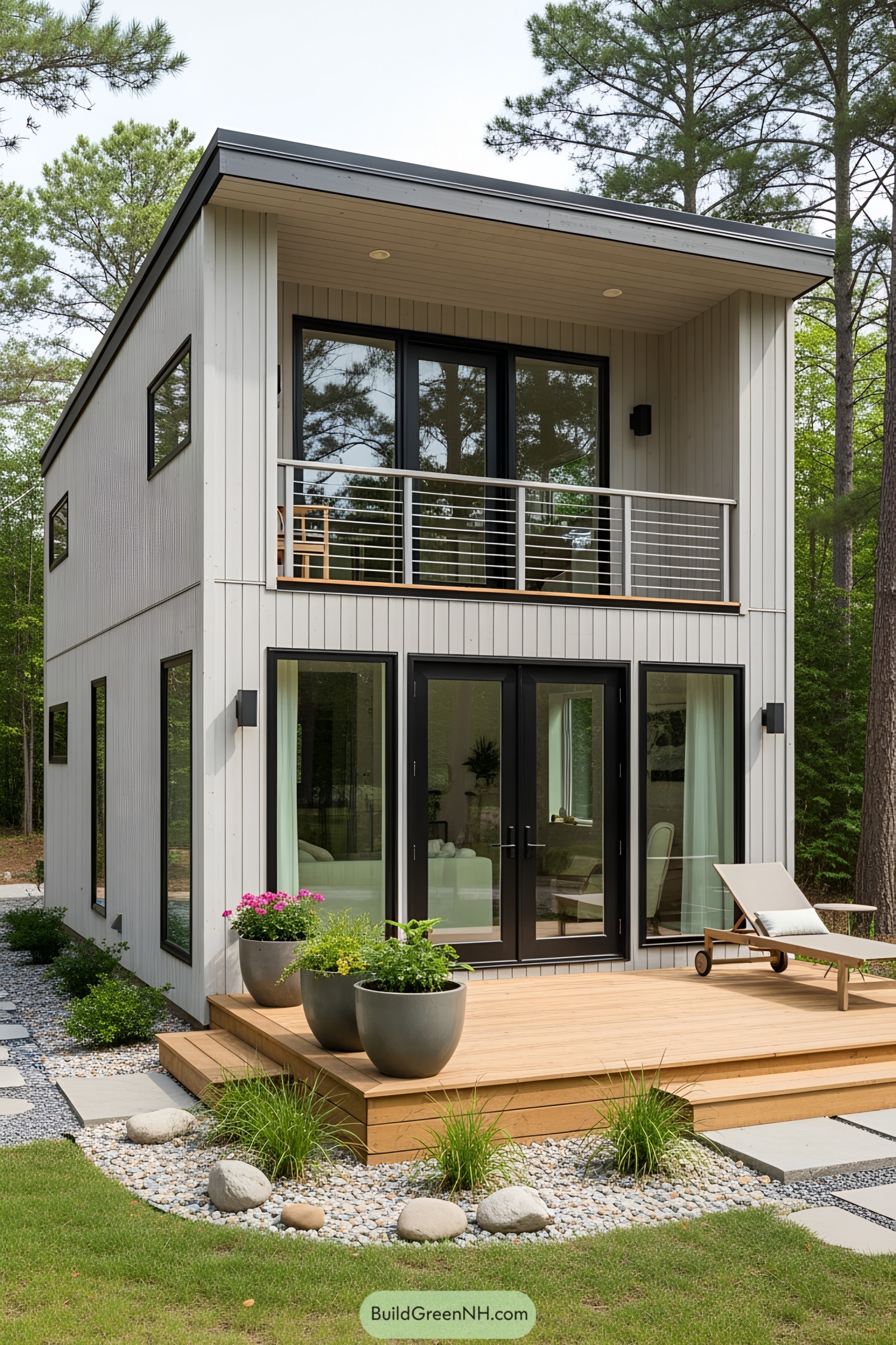 Stylish compact home with sleek design, nestled in the forest