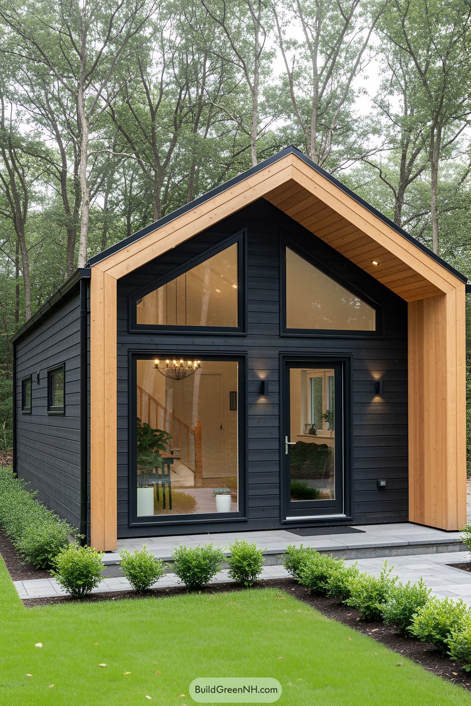 Modern tiny house nestled among trees with large windows