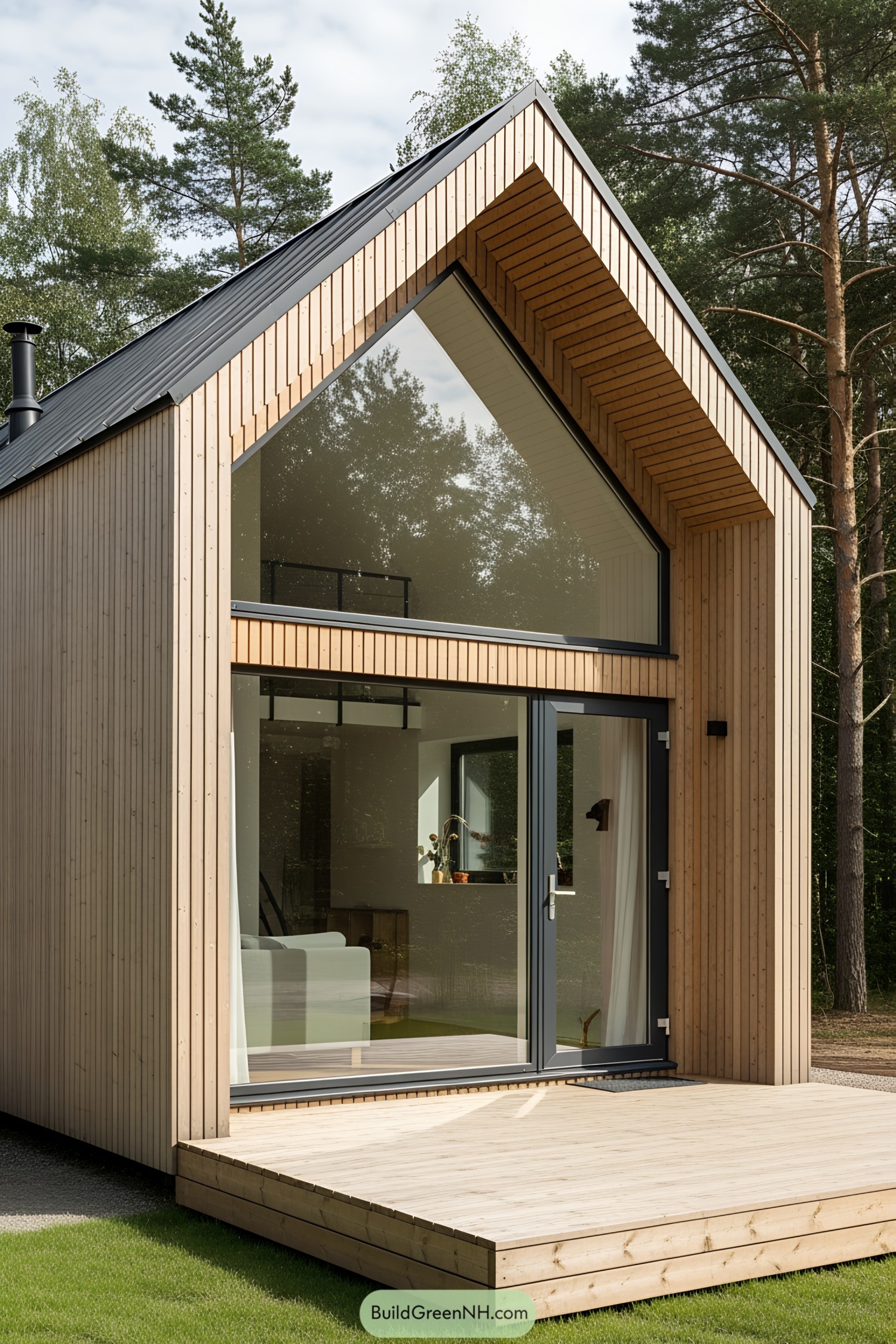 Modern tiny cottage with large glass front in a forested area
