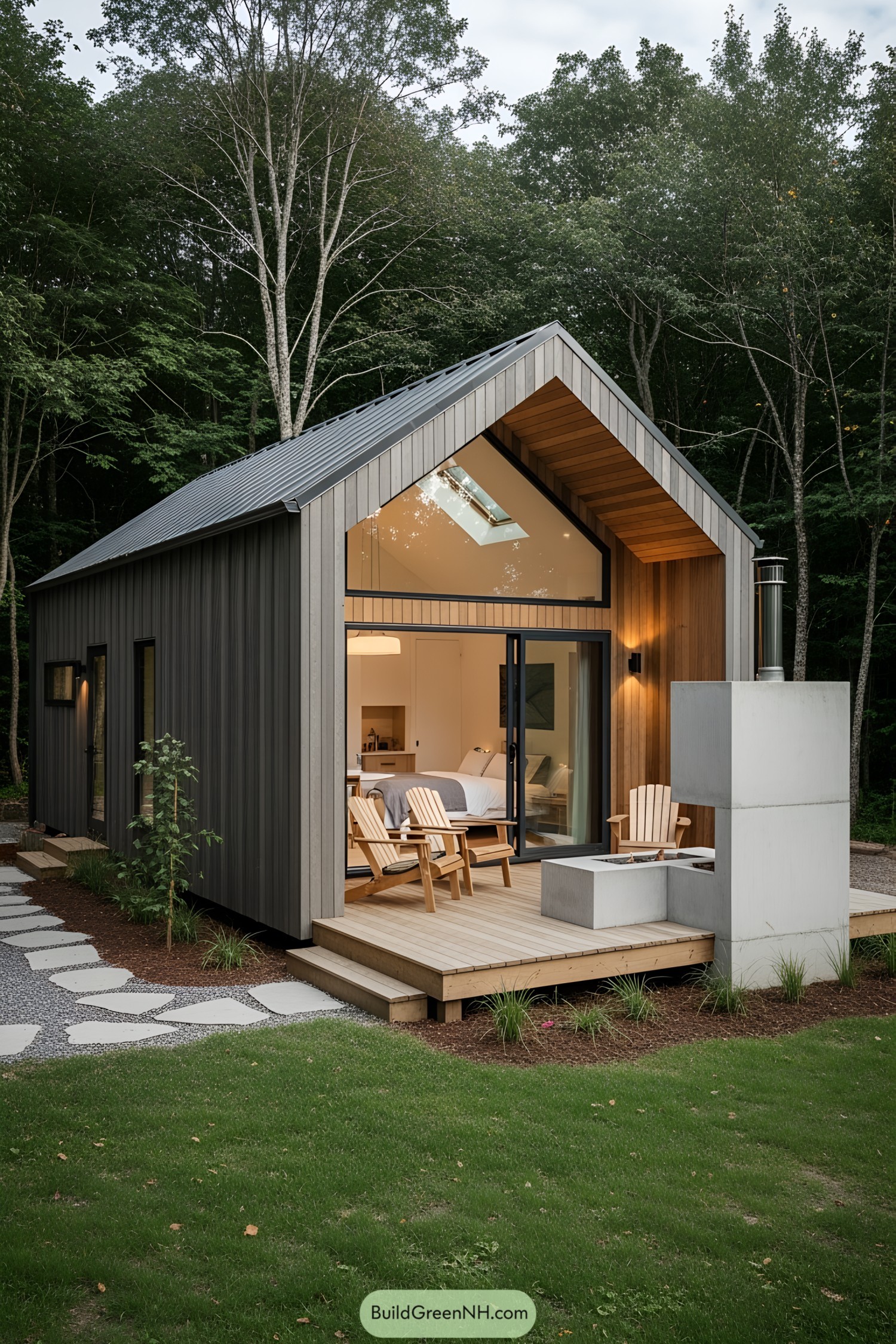 Tiny modern cottage with wooden deck in a lush forest setting