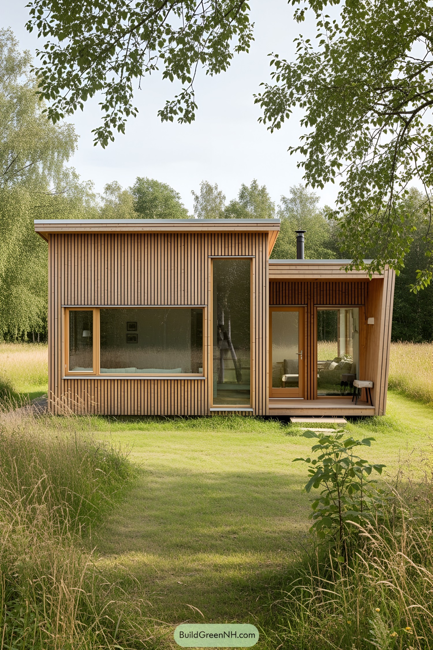 Tiny wooden cottage with large windows in a green meadow