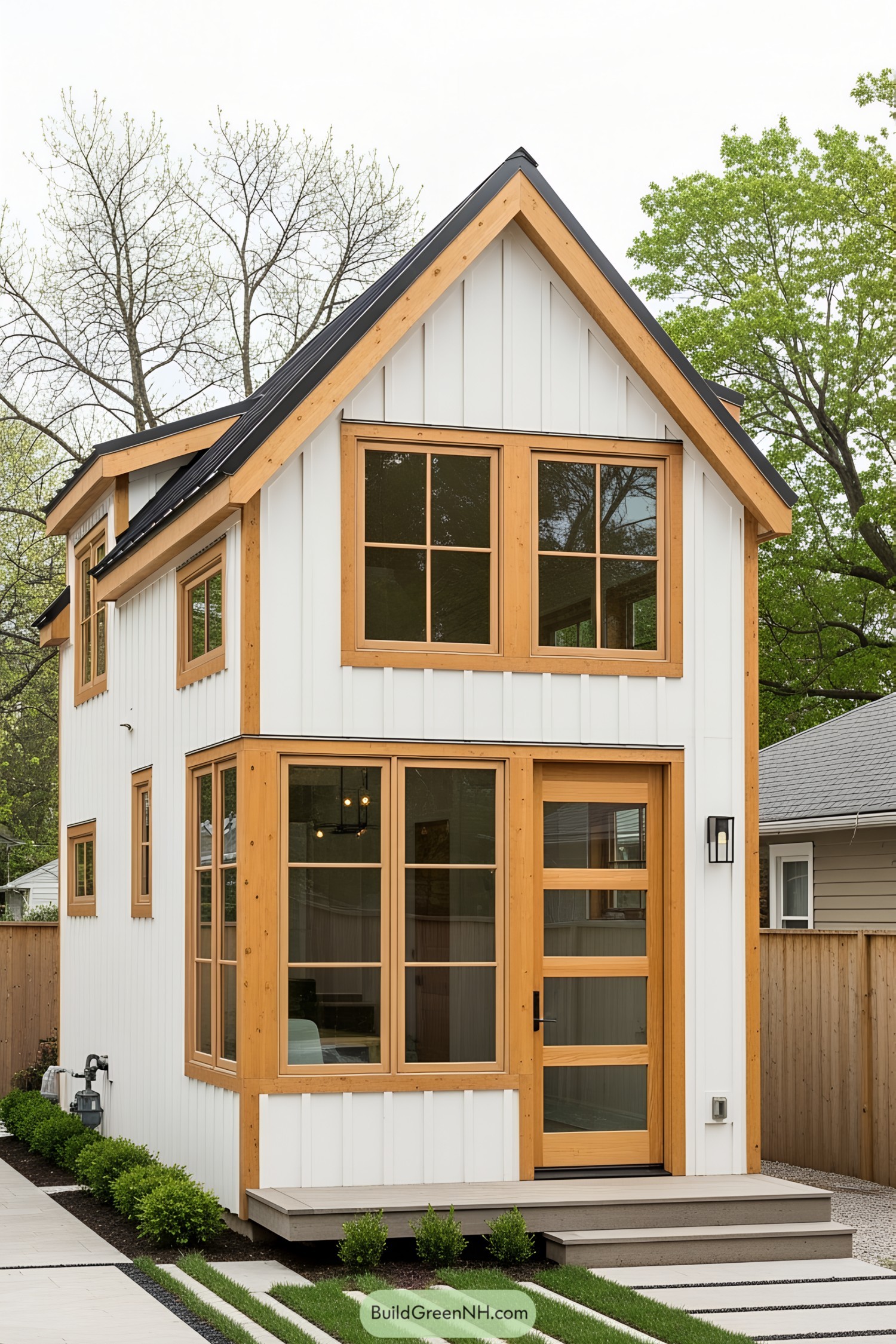 Chic small cottage with a wooden trim and modern windows