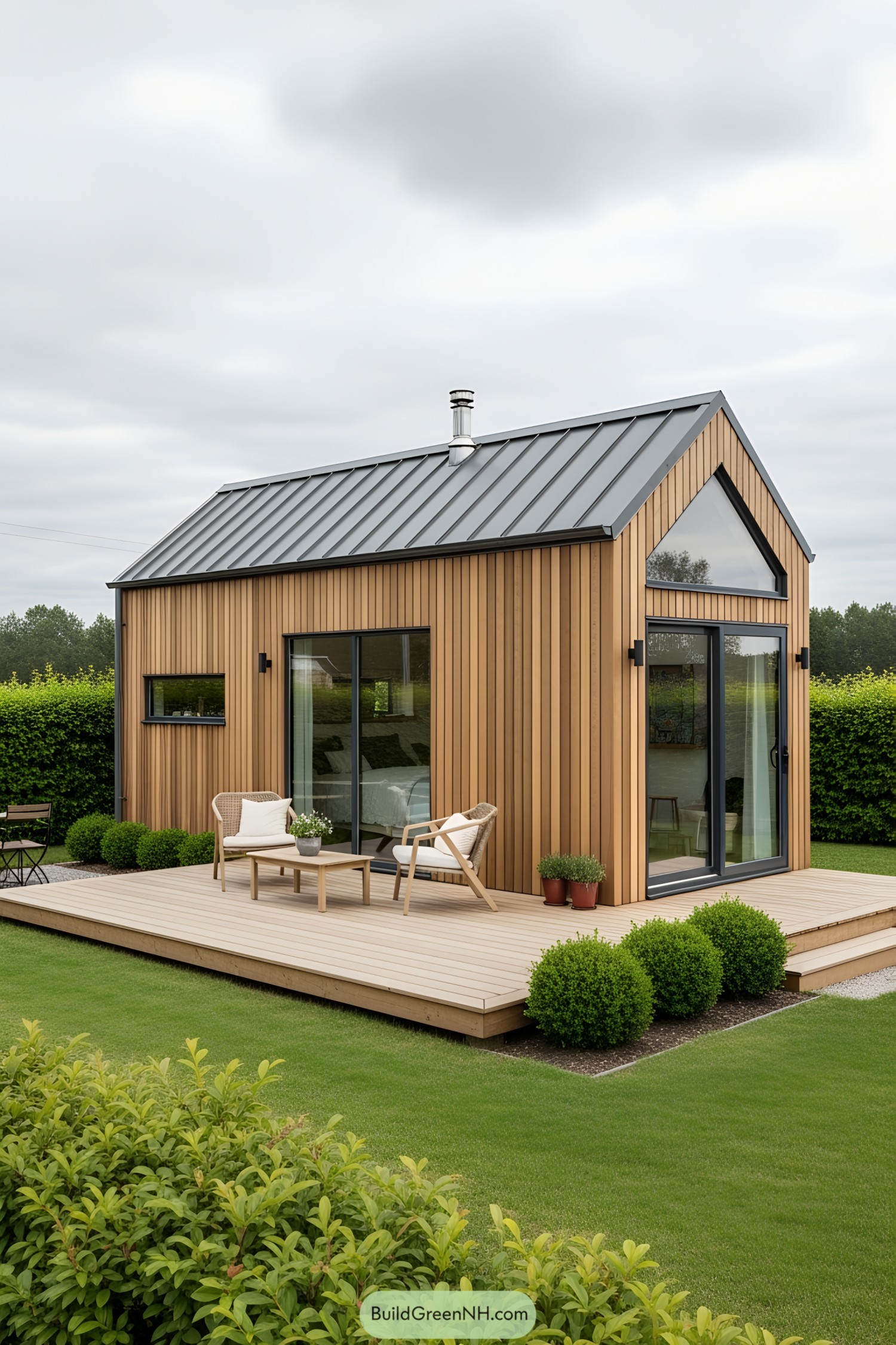 Tiny modern cottage with wooden exterior and a cozy deck