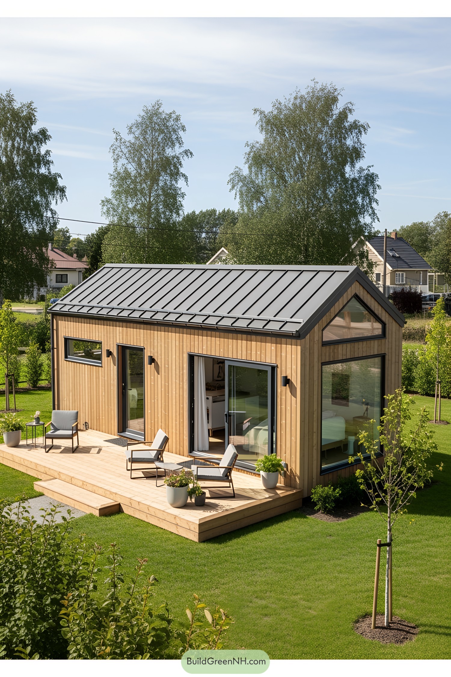 Small wooden cottage with a porch and lawn