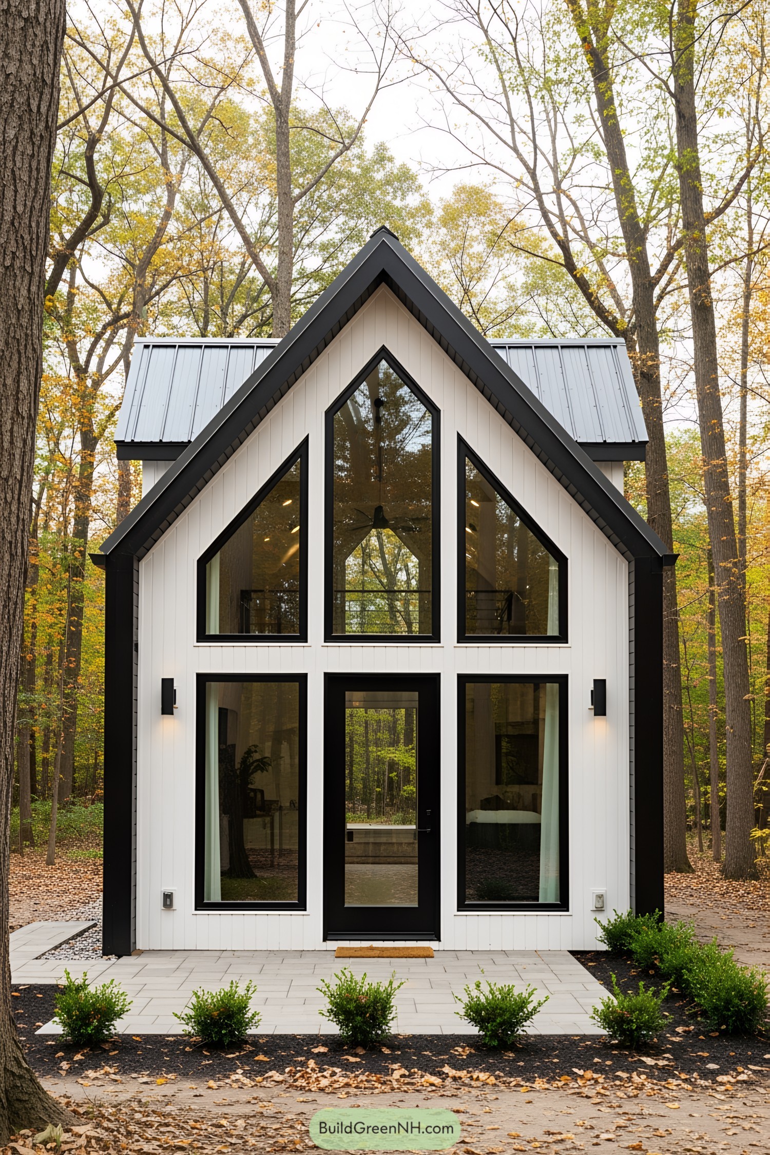 Small modern cottage amidst tall trees
