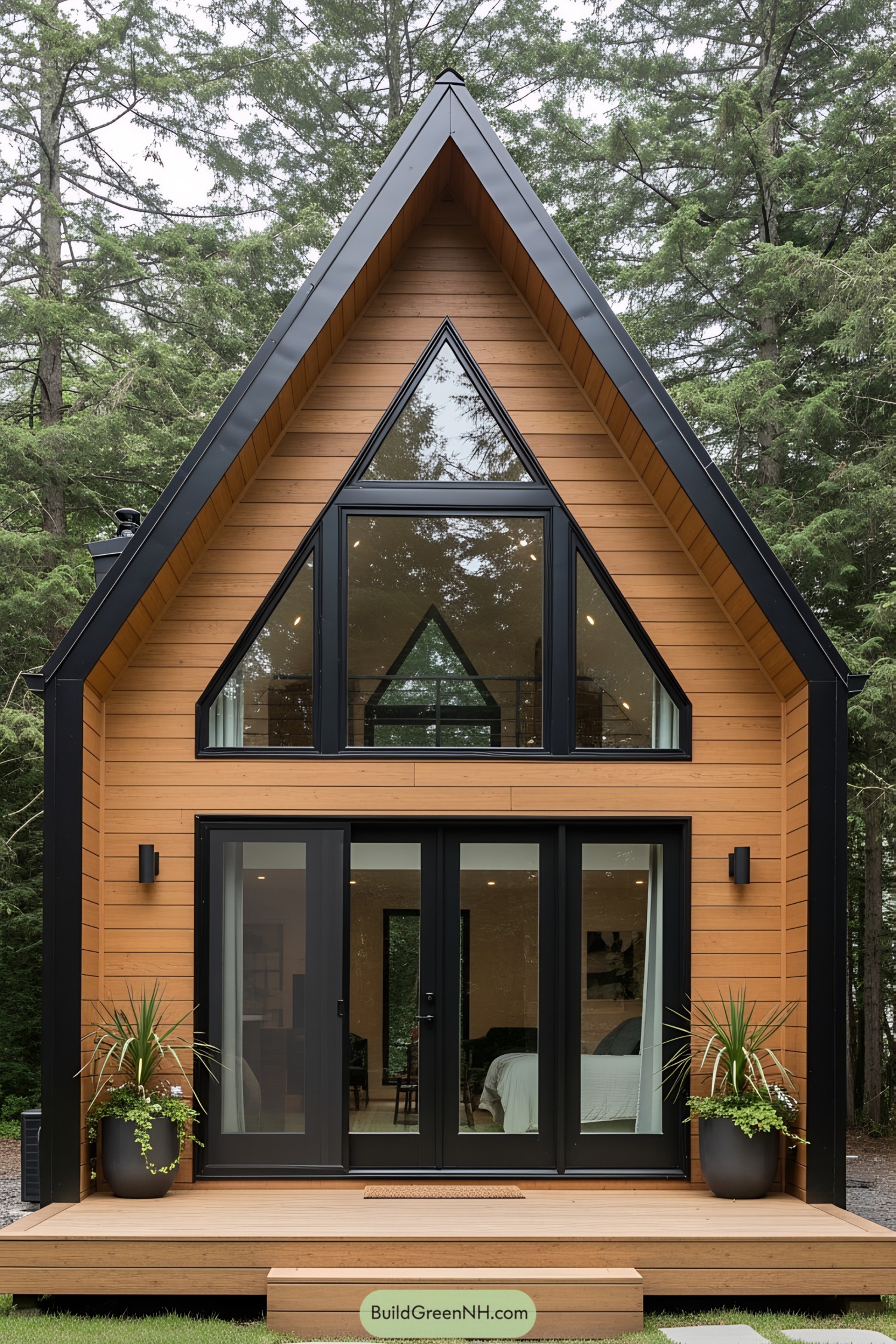 A-frame cabin with large windows and wooden siding