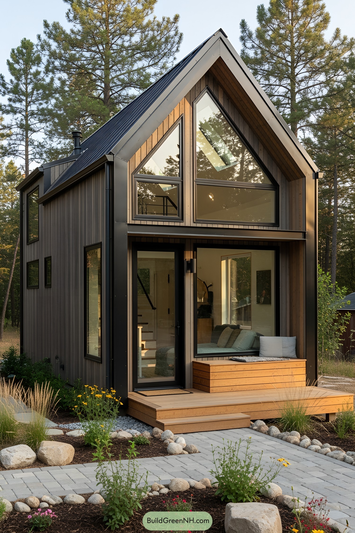 Modern tiny cottage with large windows and wooden exterior