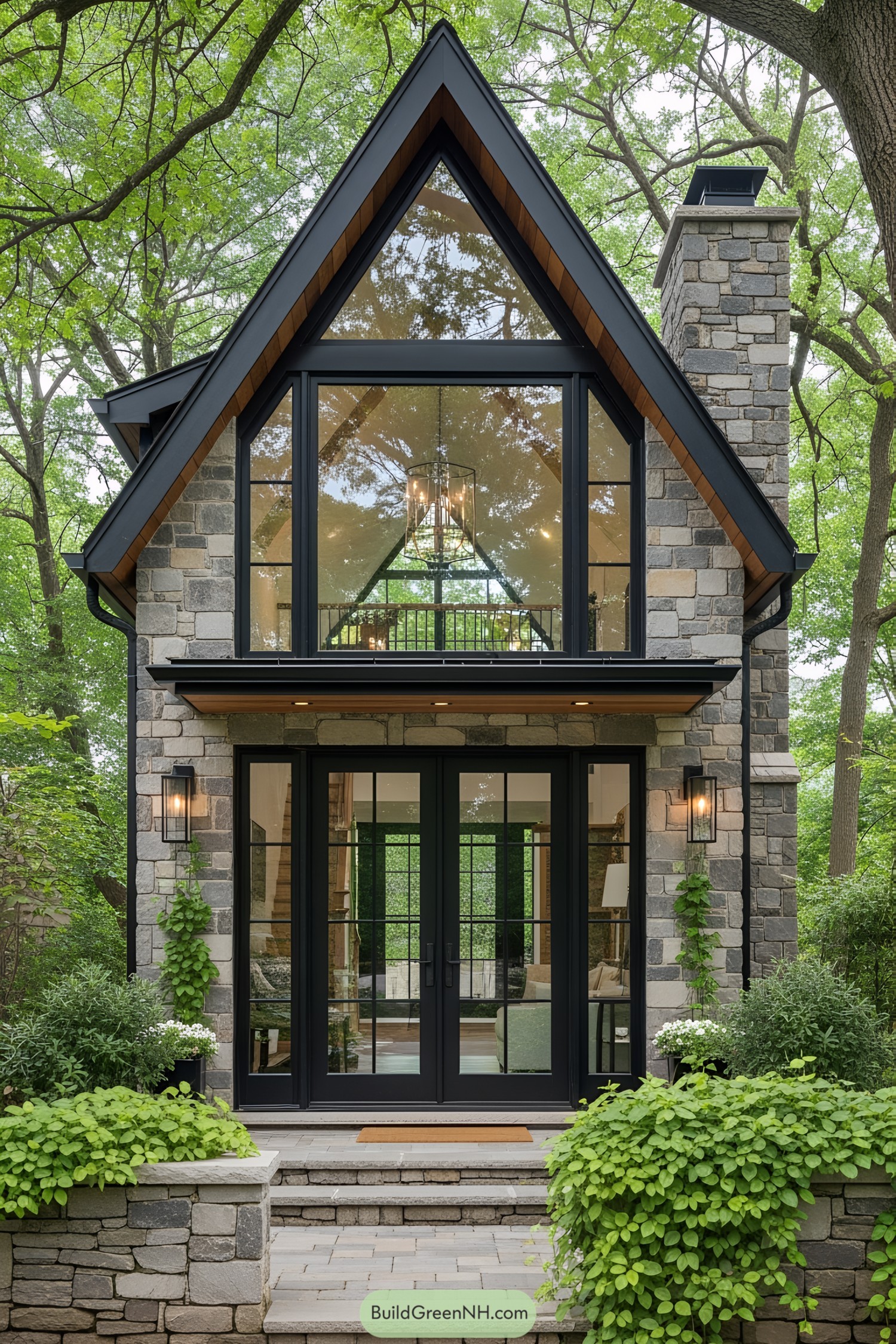Compact stone cottage with large glass windows