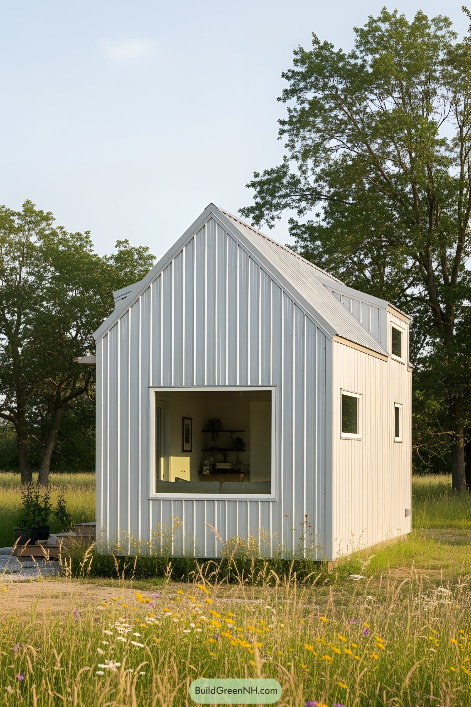 Small modern cottage with a large window in a grassy field