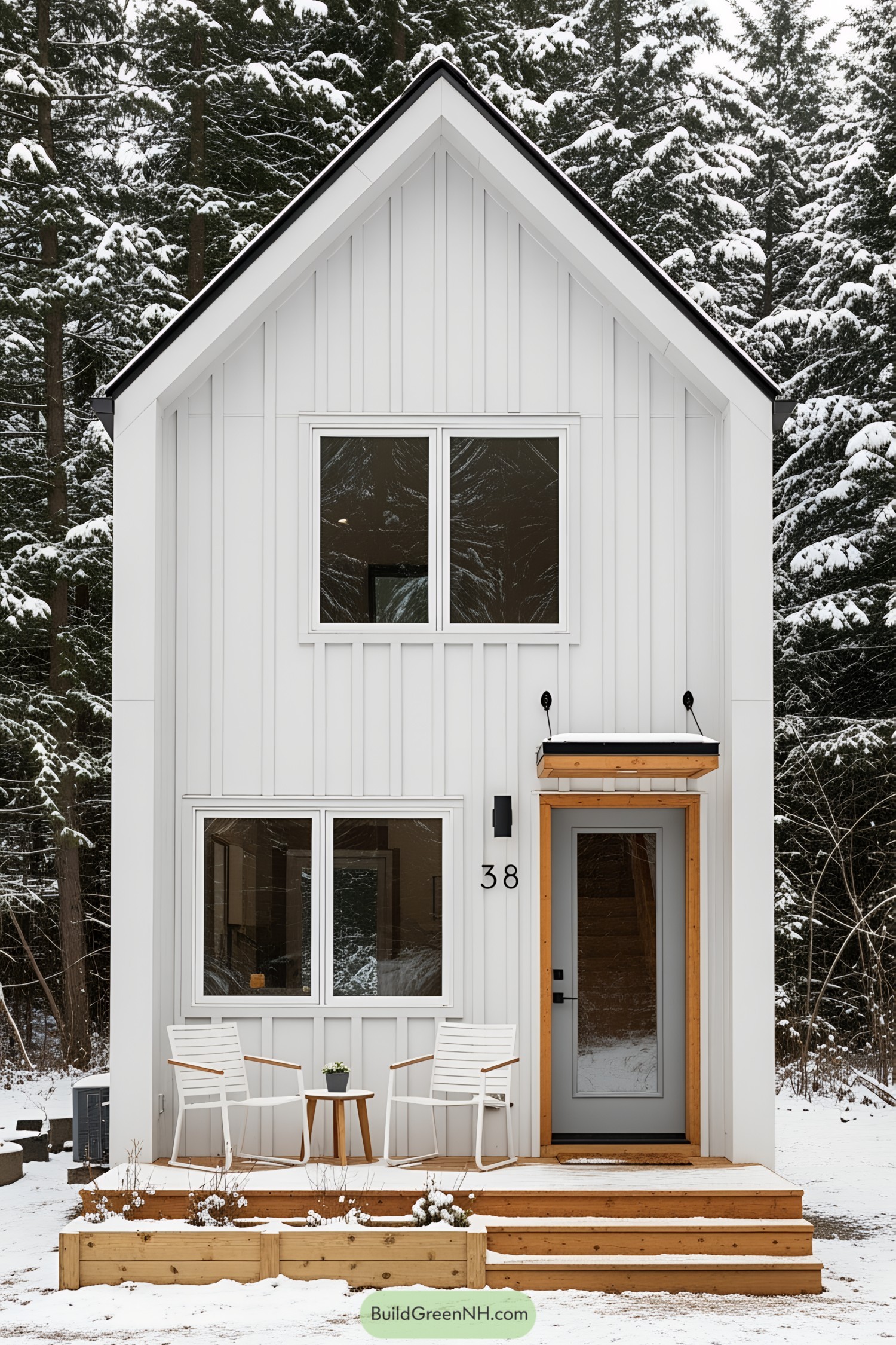 Tiny modern cottage nestled among snowy trees