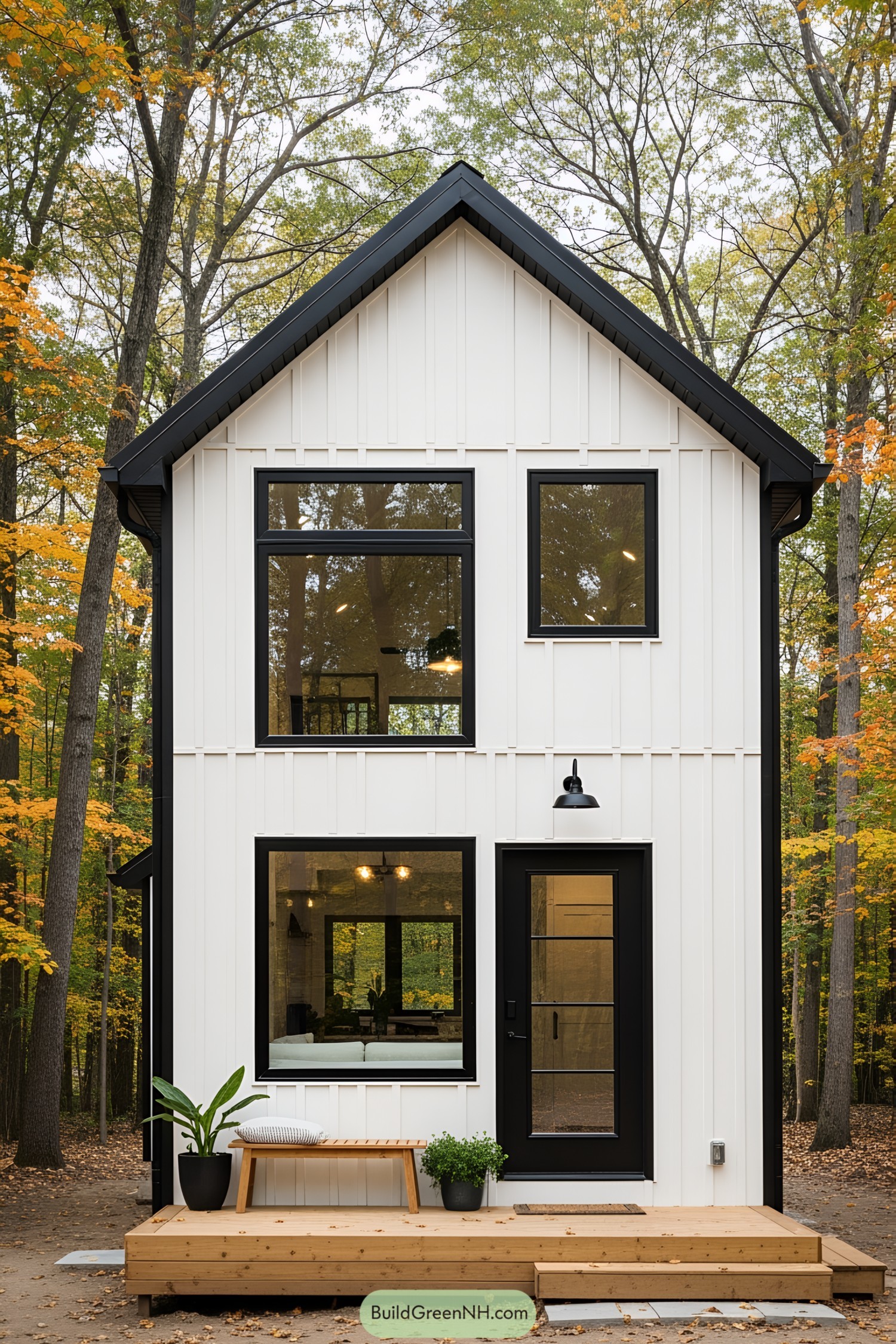 Tiny cottage with black and white exterior amidst trees