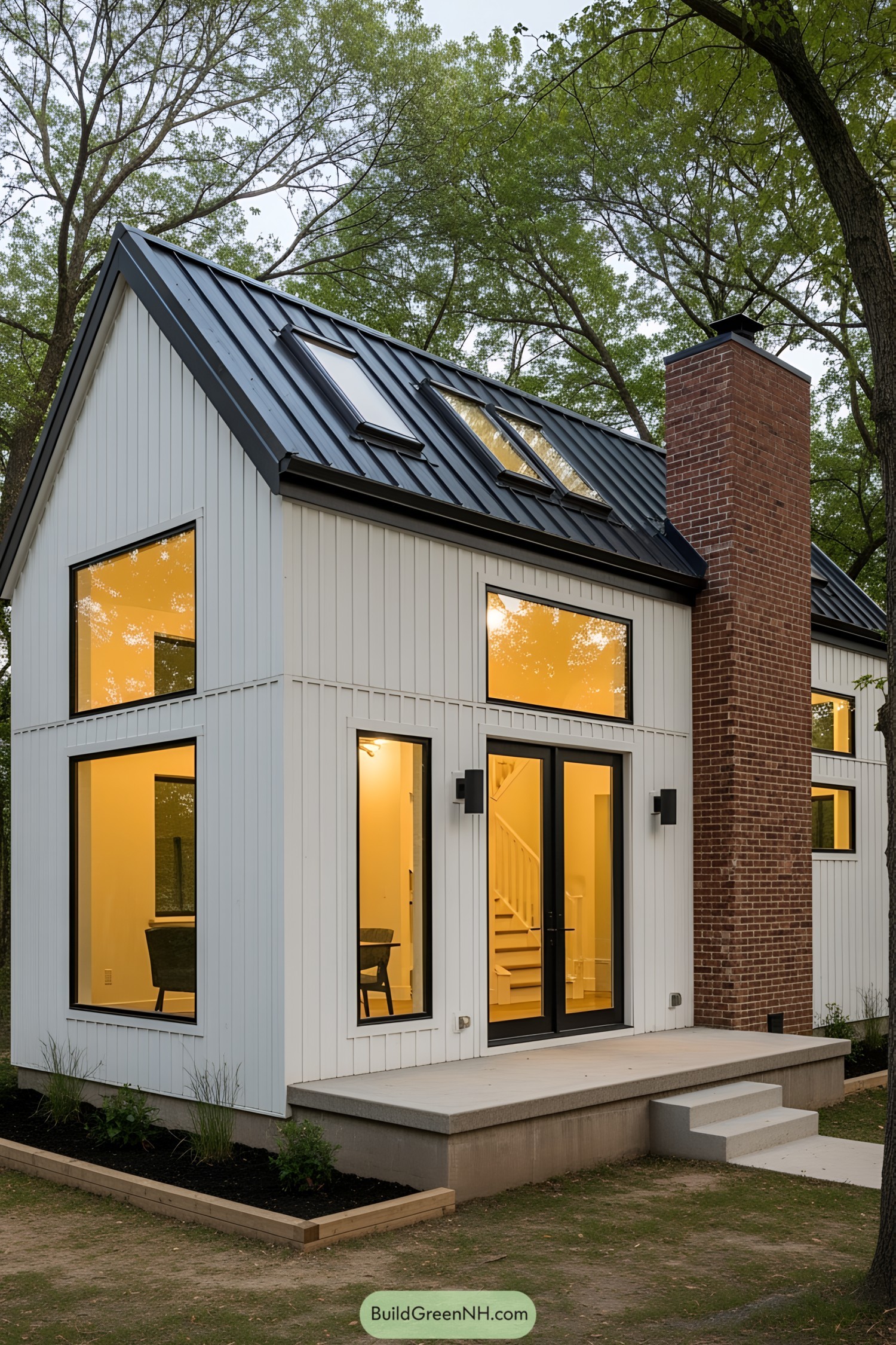 White modern cottage with black roof and brick chimney