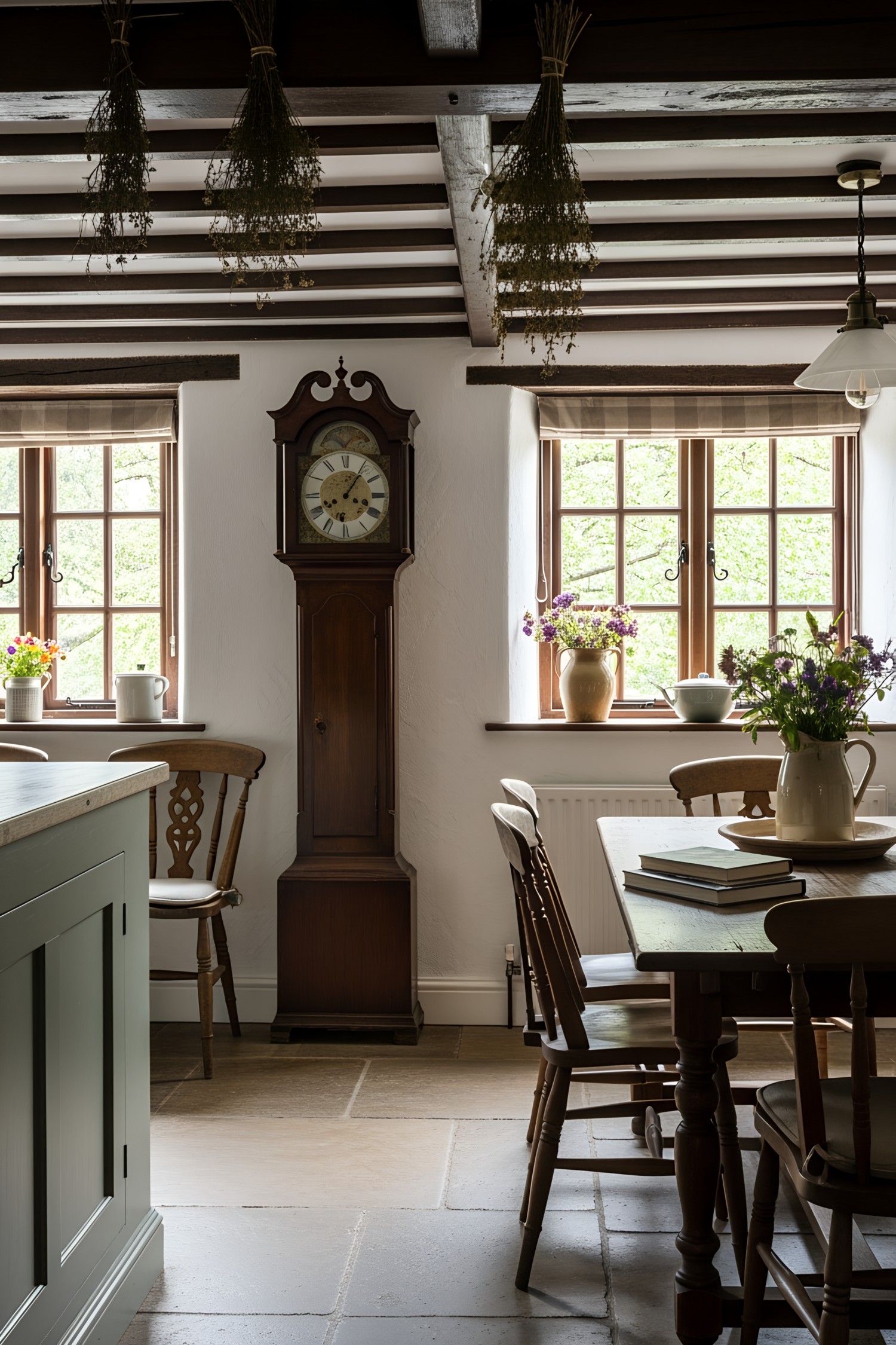 Grandfather clock beside wooden table in cozy cottage kitchen