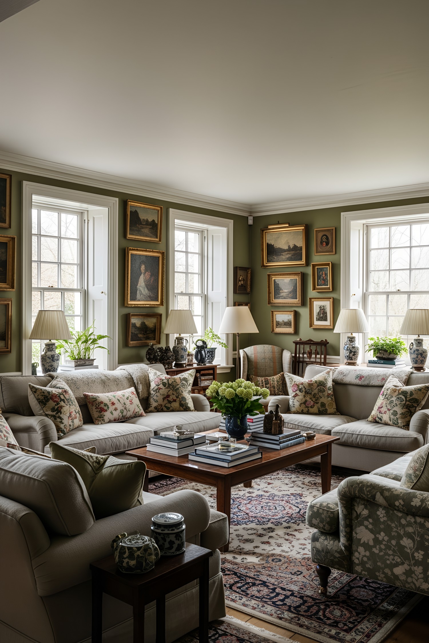 Cozy living room with floral accents and vintage paintings