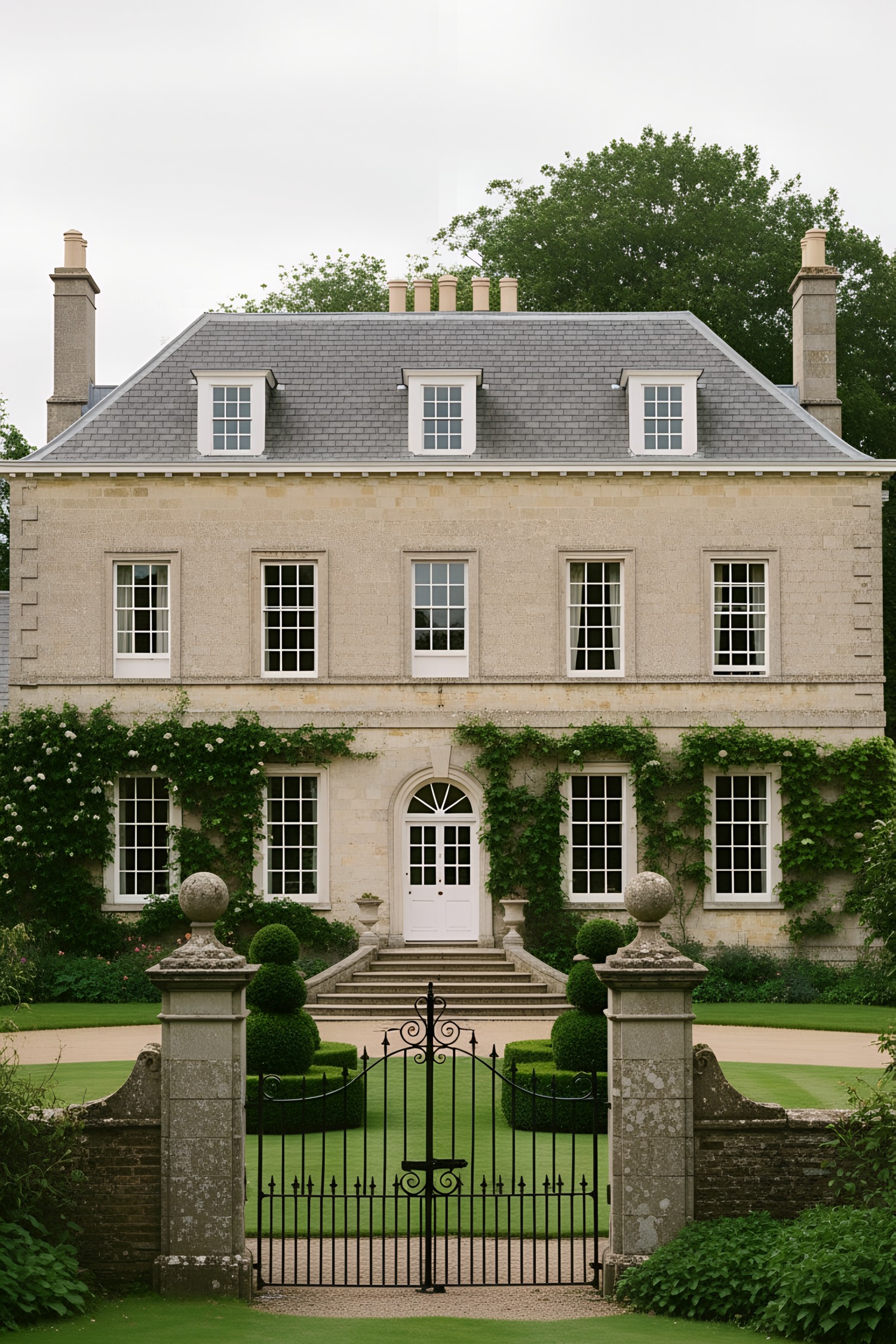 Country manor flanked by lush greenery and wrought iron gate
