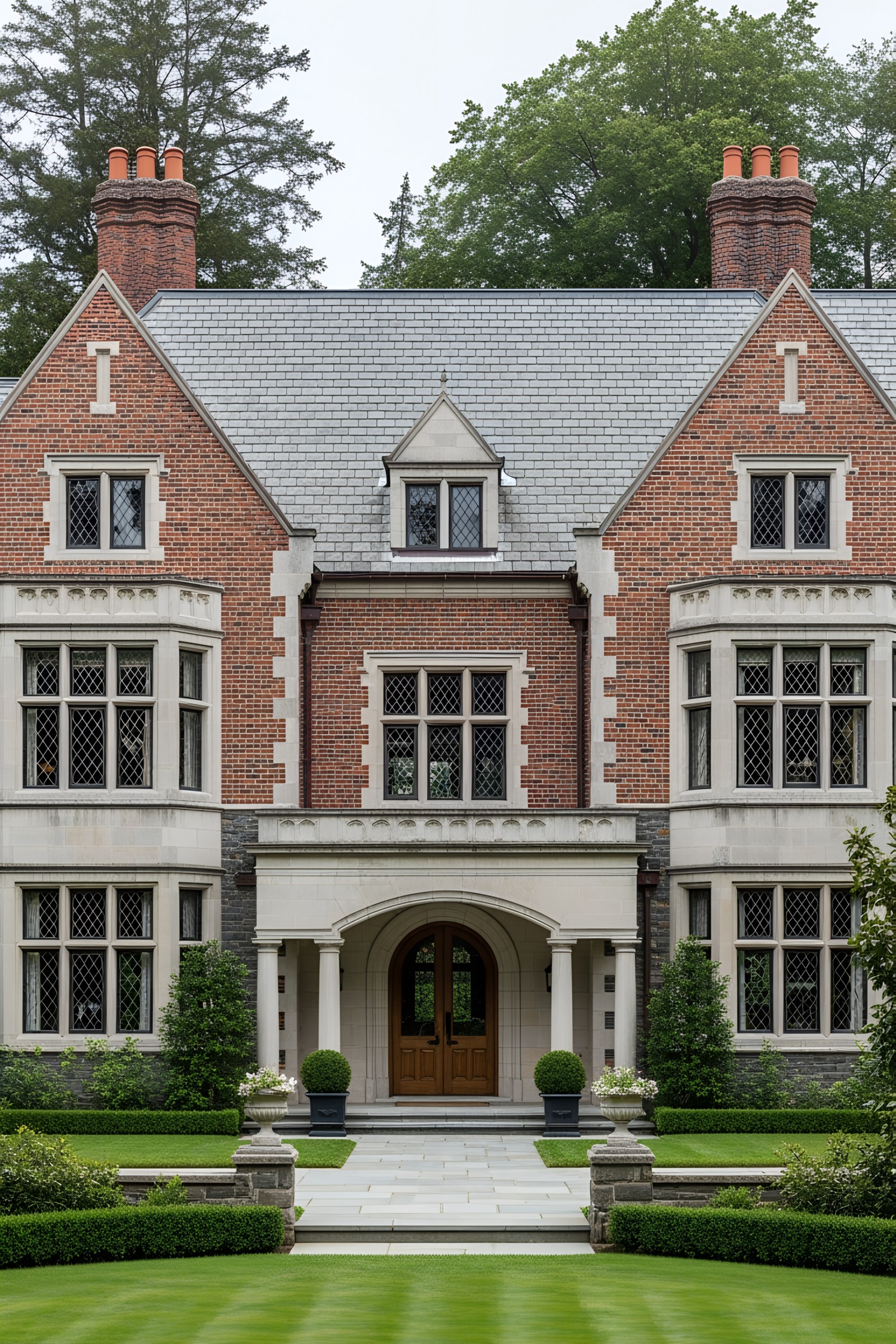 Grand brick manor with lush lawn and arched entrance