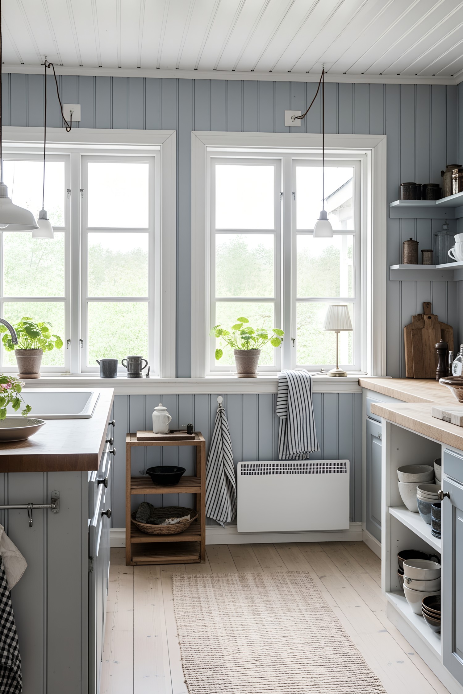 Bright Swedish cottage kitchen with blue walls and white windows