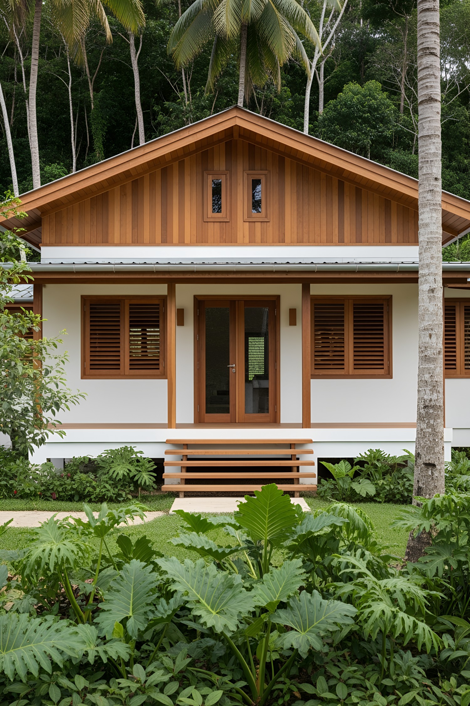 Colonial house with wooden accents surrounded by lush greenery