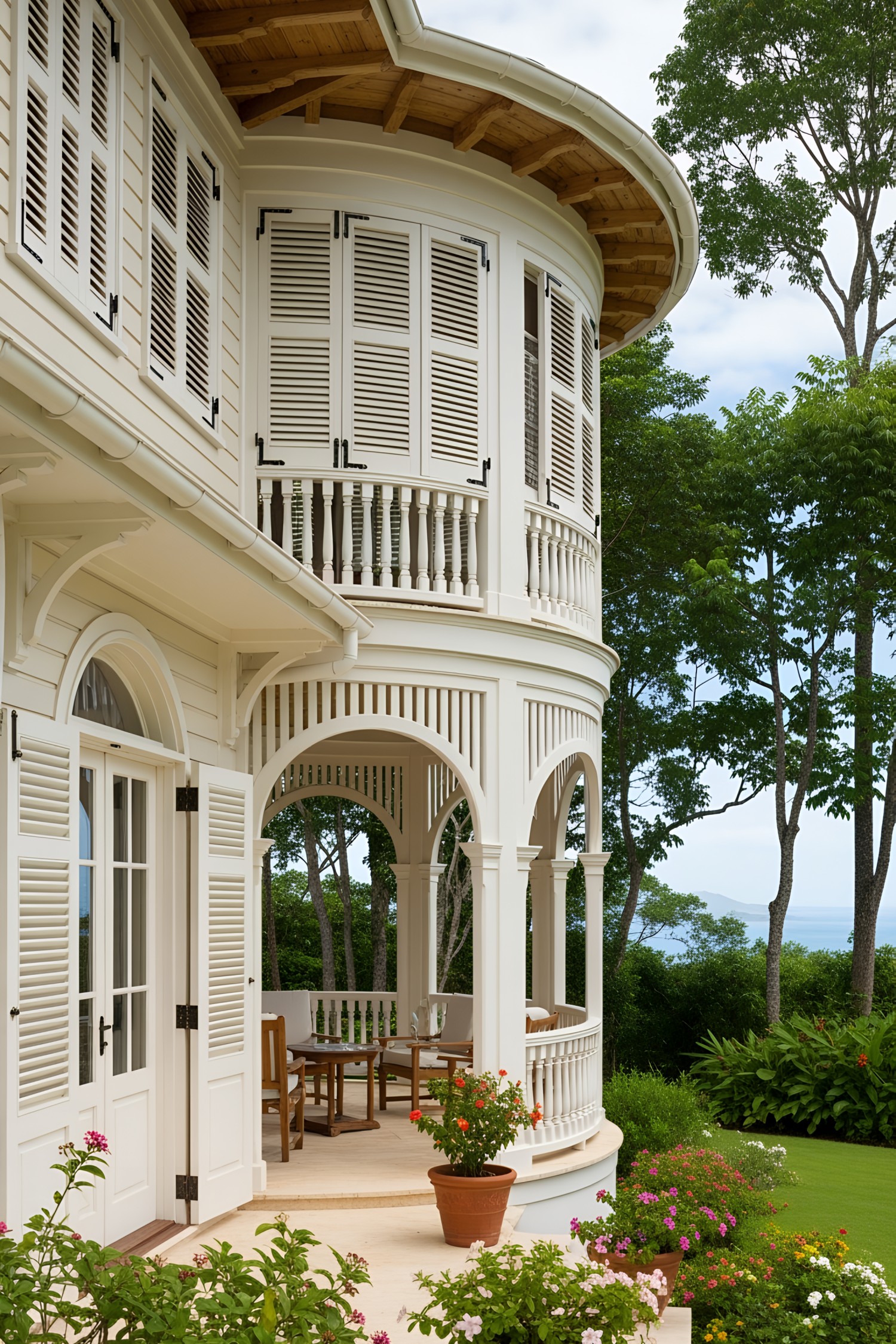 Colonial house in a lush tropical setting with a rounded balcony