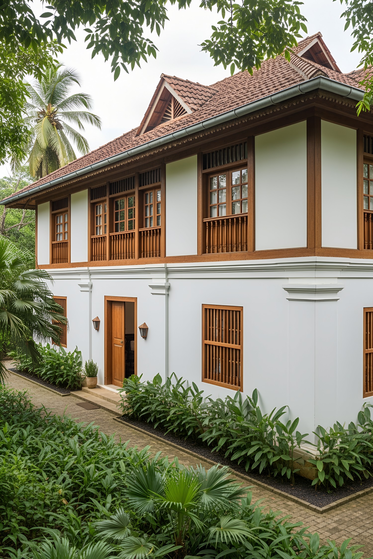Two-story colonial house surrounded by lush greenery and palm trees