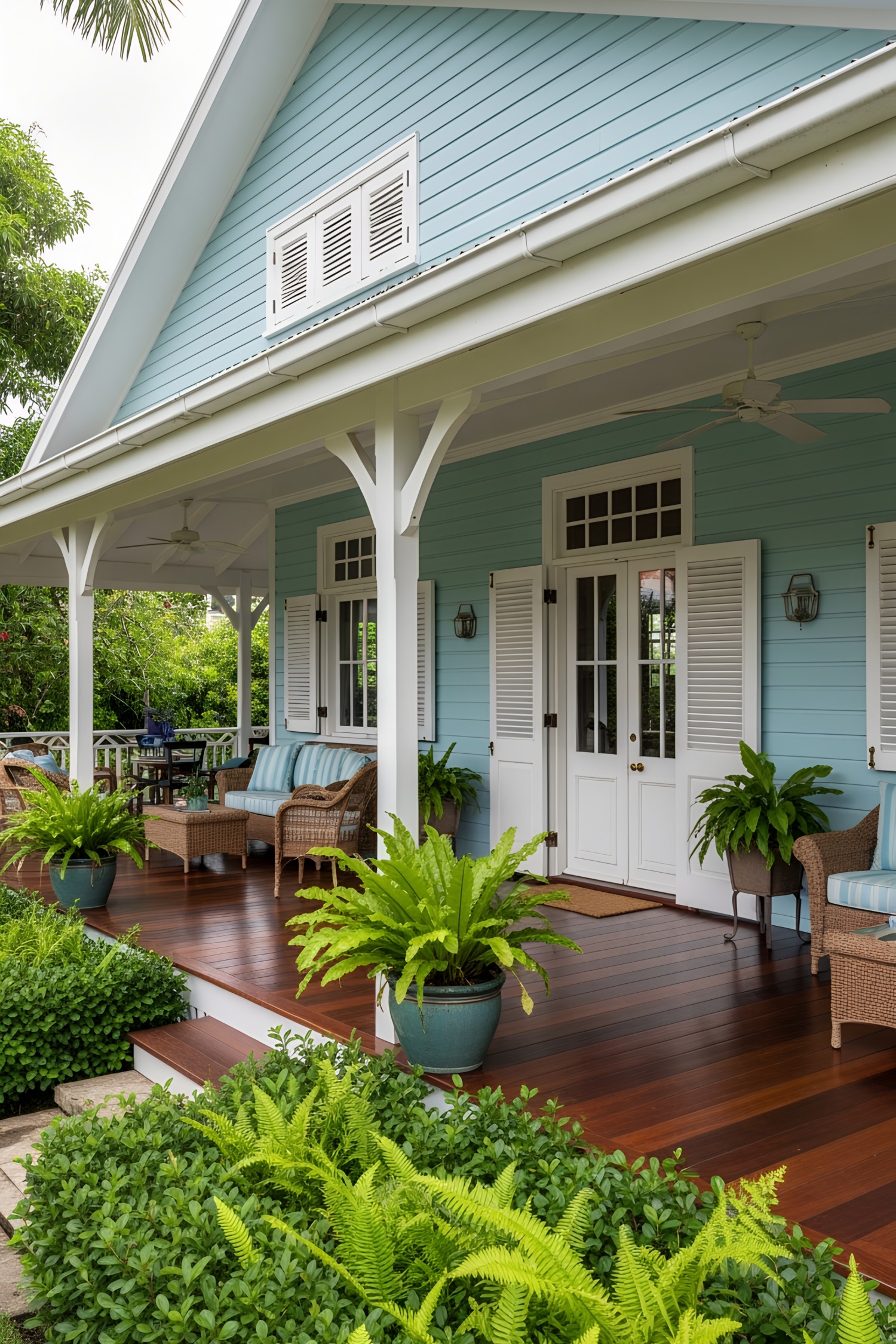 Light blue colonial house with white trim and lush plants