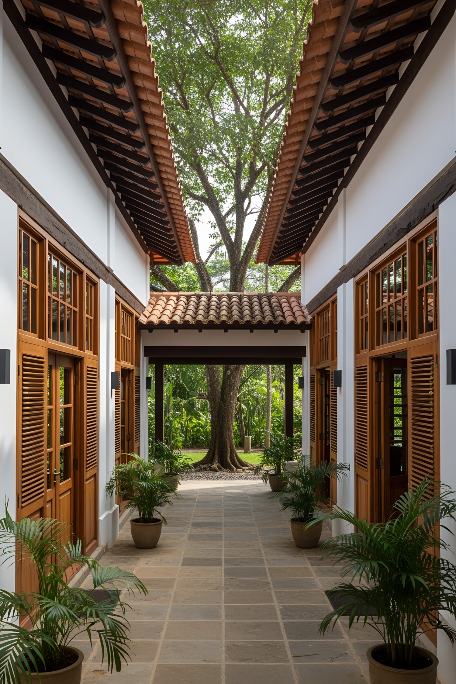 Colonial-style courtyard framed by lush trees