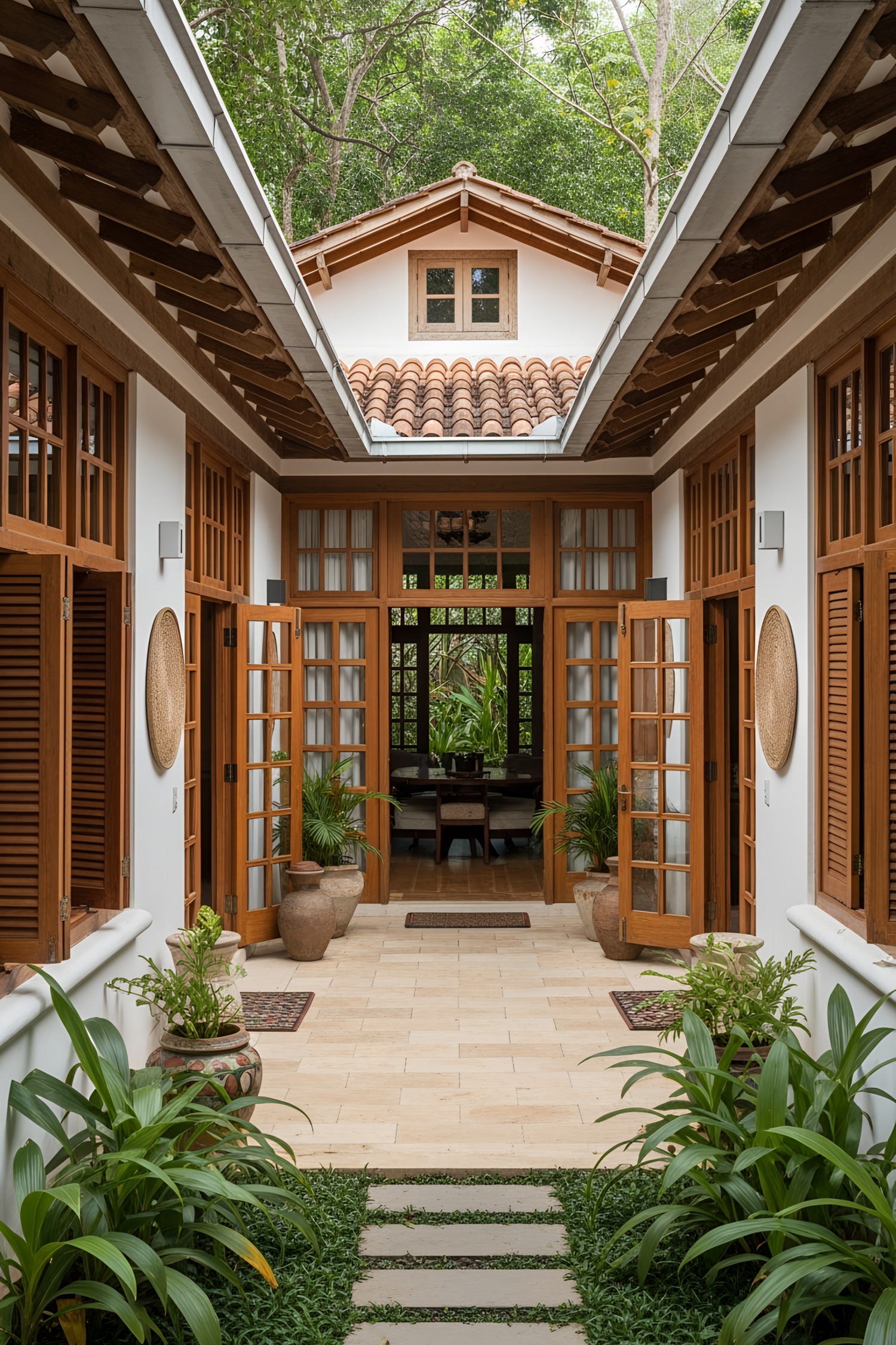 Charming colonial courtyard with wooden doors and lush greenery