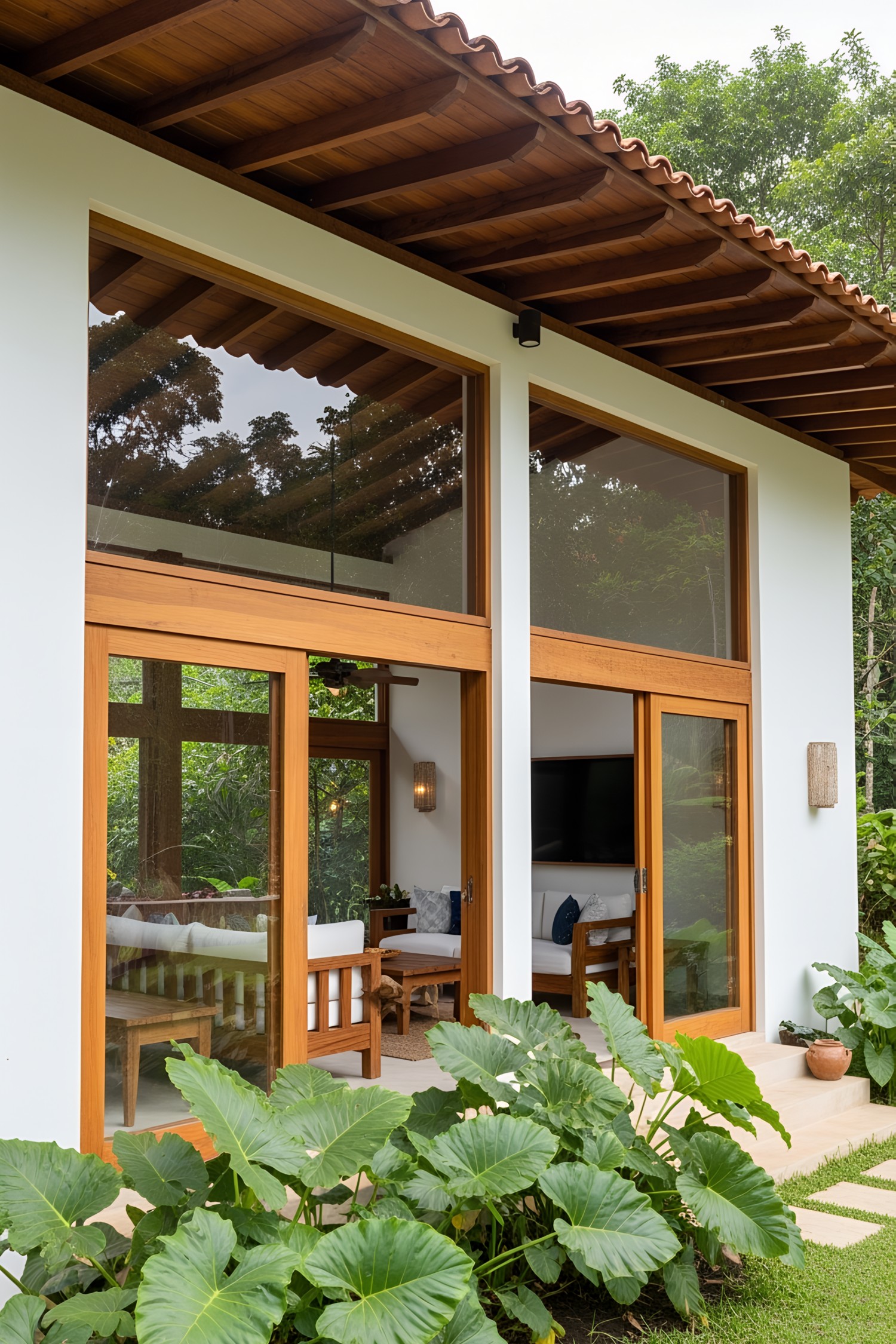 A colonial-style house with wooden features surrounded by greenery