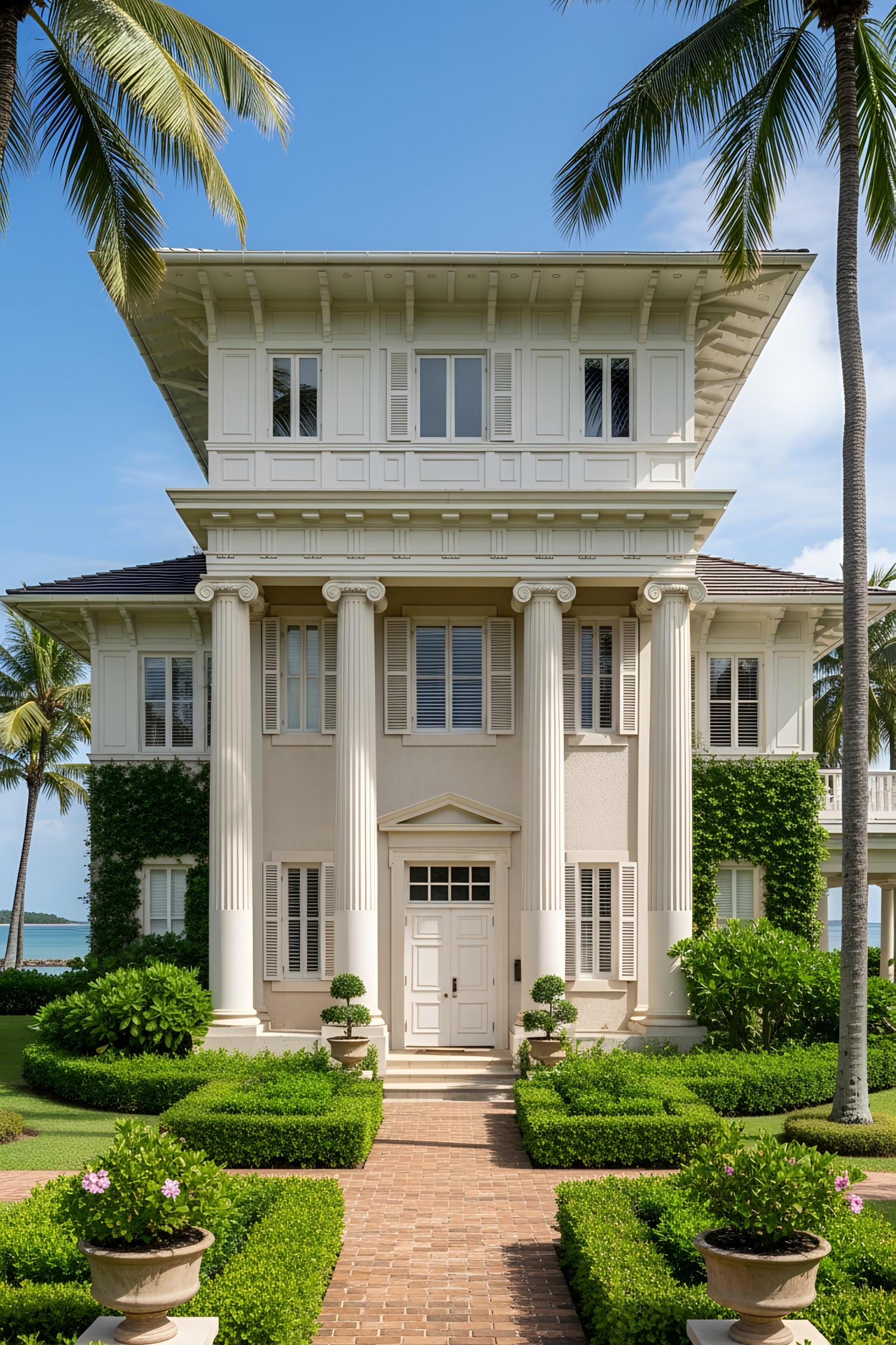 Stately colonial house surrounded by palm trees and greenery
