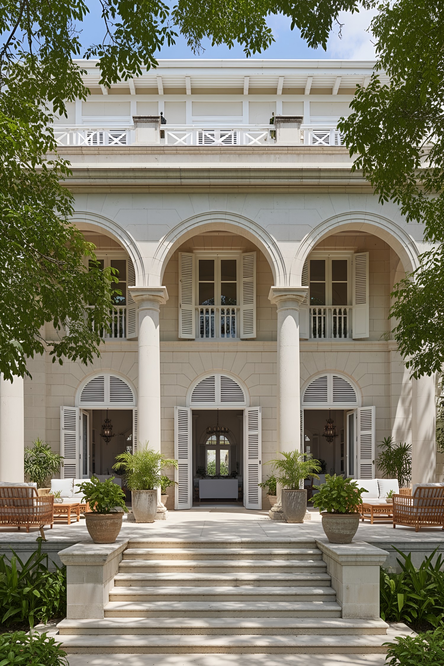 Stately colonial house framed by lush greenery