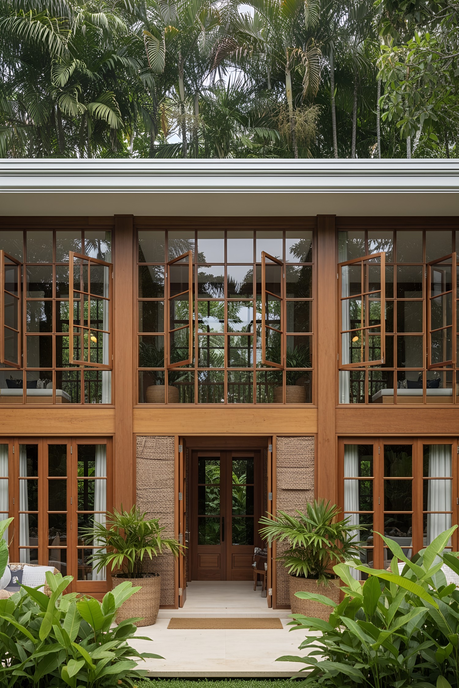 Colonial house with large windows and lush greenery