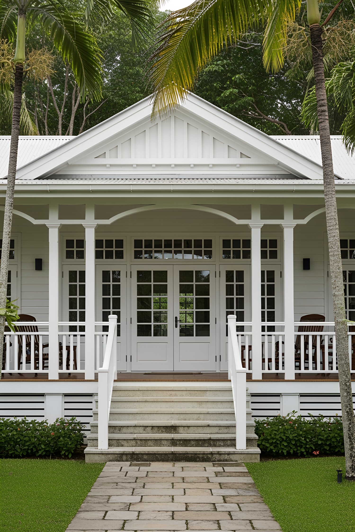 White colonial house surrounded by palm trees