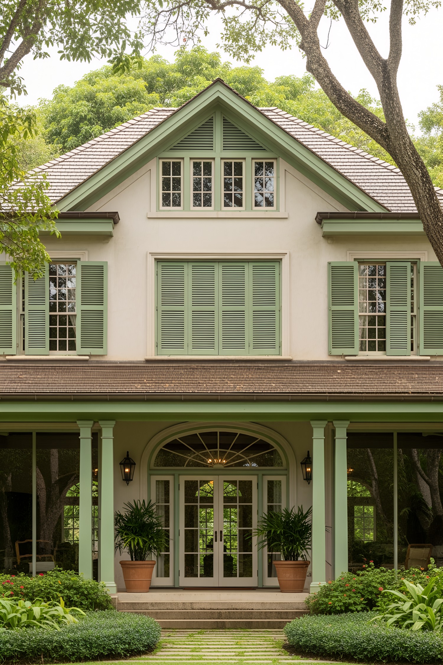 Tropical colonial house, symmetrical two-story facade, green-painted wooden trim and shutters, light plastered walls, extensive use of glass on the ground level, hipped roof with moderate pitch and brown shingles, tall rectangular multi-pane windows with louvered shutters on the upper floor, double glass doors with arched transom, expansive covered veranda with slender columns, potted tropical plants at the entrance, manicured landscape with lush greenery, mature trees in close proximity, set within a verdant garden environment.